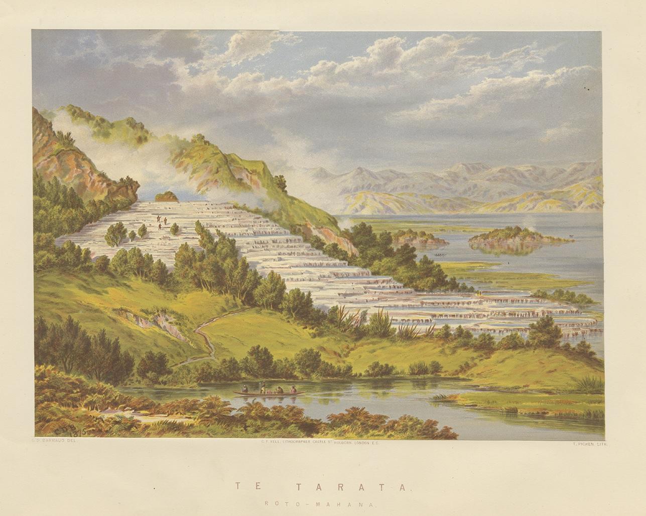 Antique print titled 'Te Tarata, Roto-Mahana'. View of the pink and white terraces. The Pink Terrace, or Te Otukapuarangi (