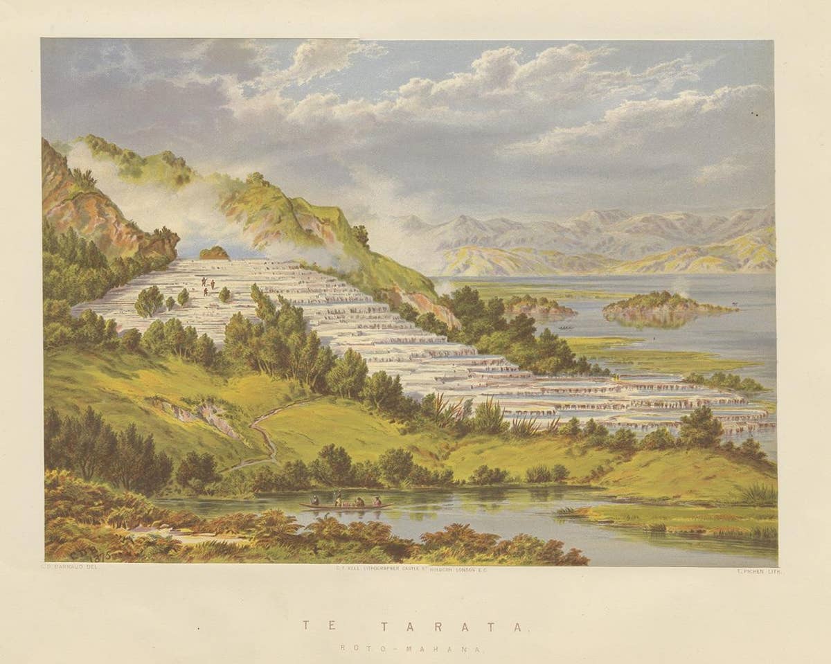 Antique Print of the Pink and White Terraces 'New Zealand' by Picken, circa 1877