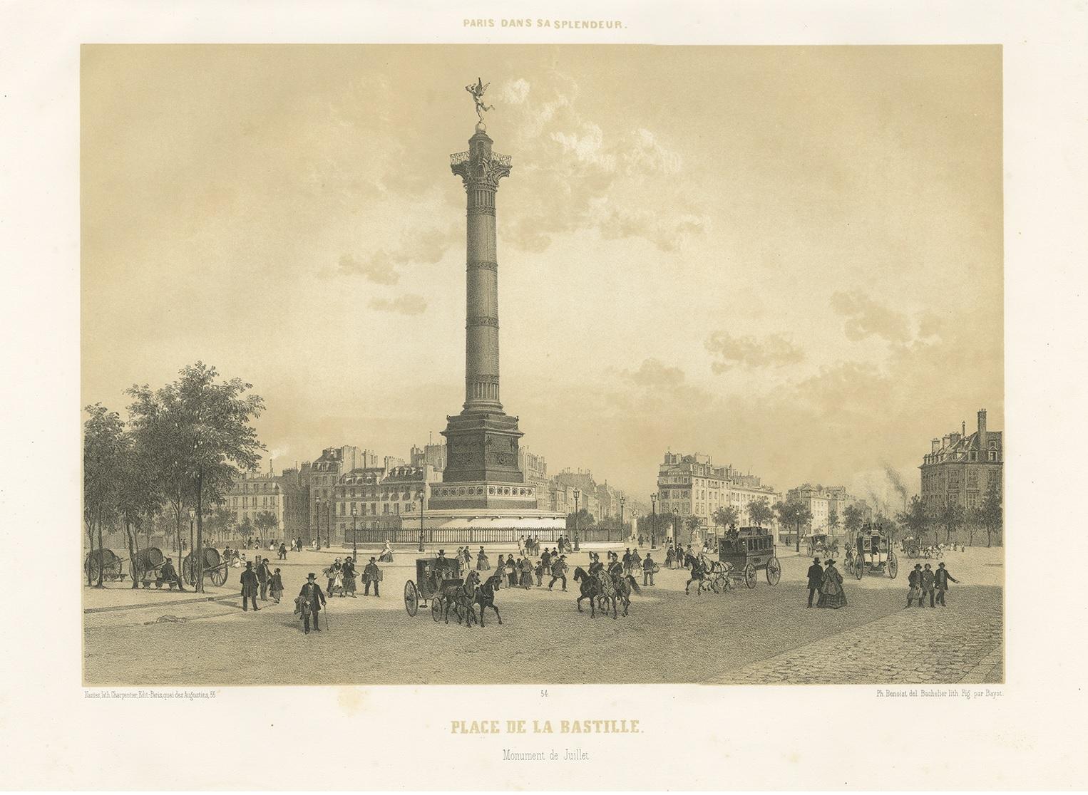 19th Century Antique Print of the Place de la Bastille by Benoist, 1861 For Sale