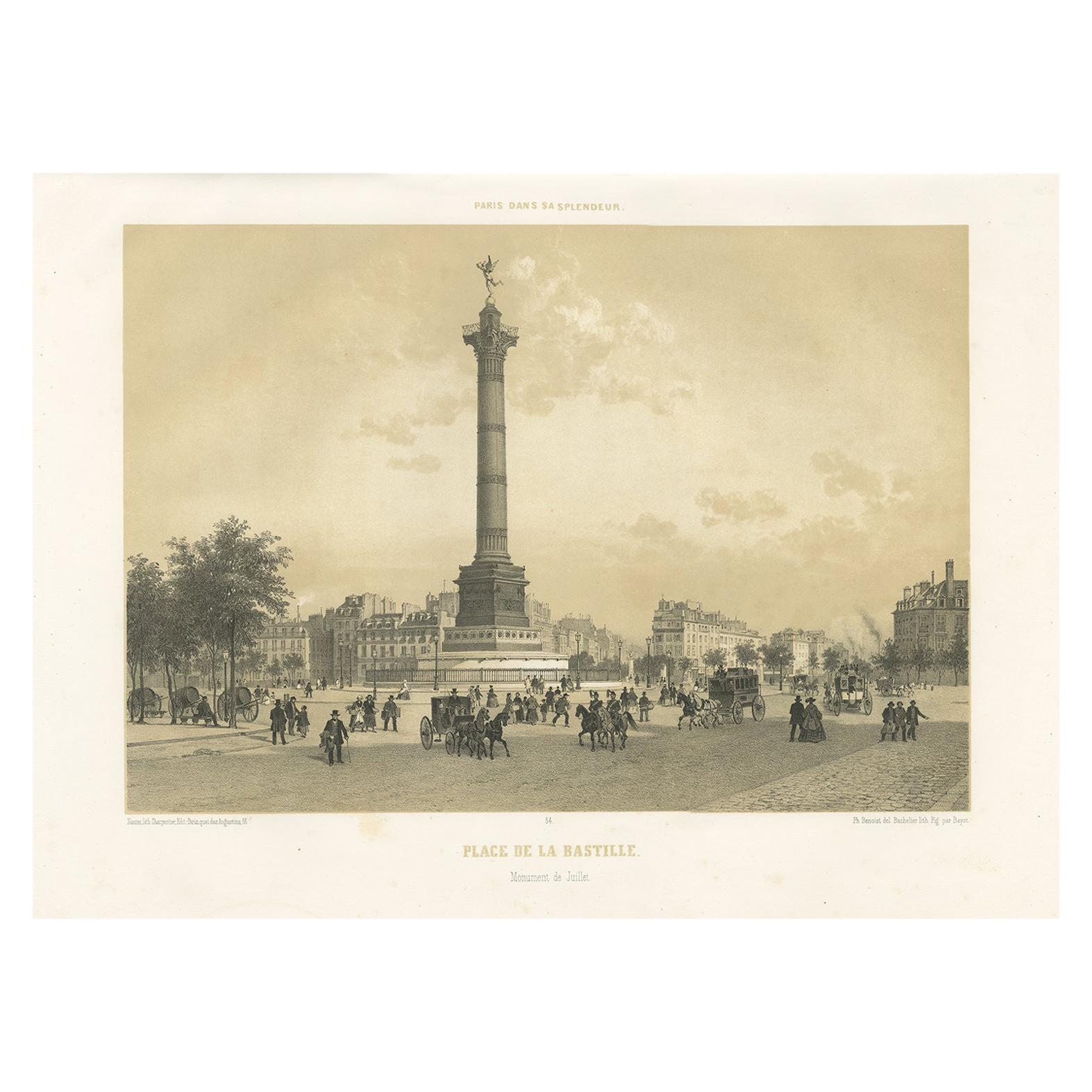 Antique Print of the Place de la Bastille by Benoist, 1861 For Sale