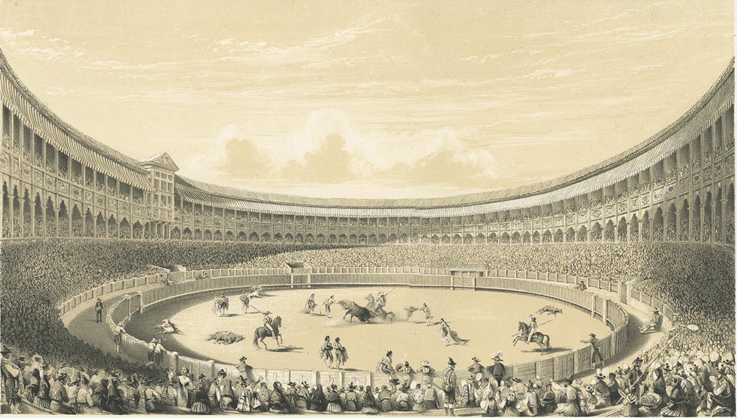 Antique print titled 'The Plaza de Toros of Madrid'. This print illustrates the bullfighting in Spain. Unknown engraver.