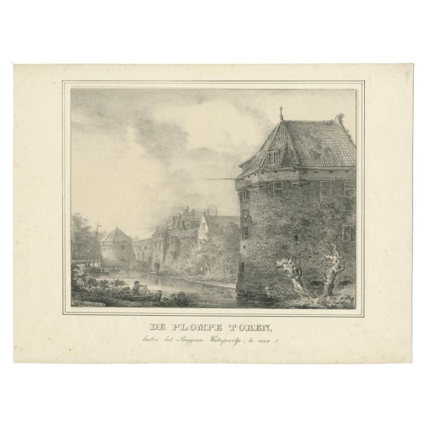 Grabado antiguo del "Plompetoren" de Utrecht por Houtman, c.1830