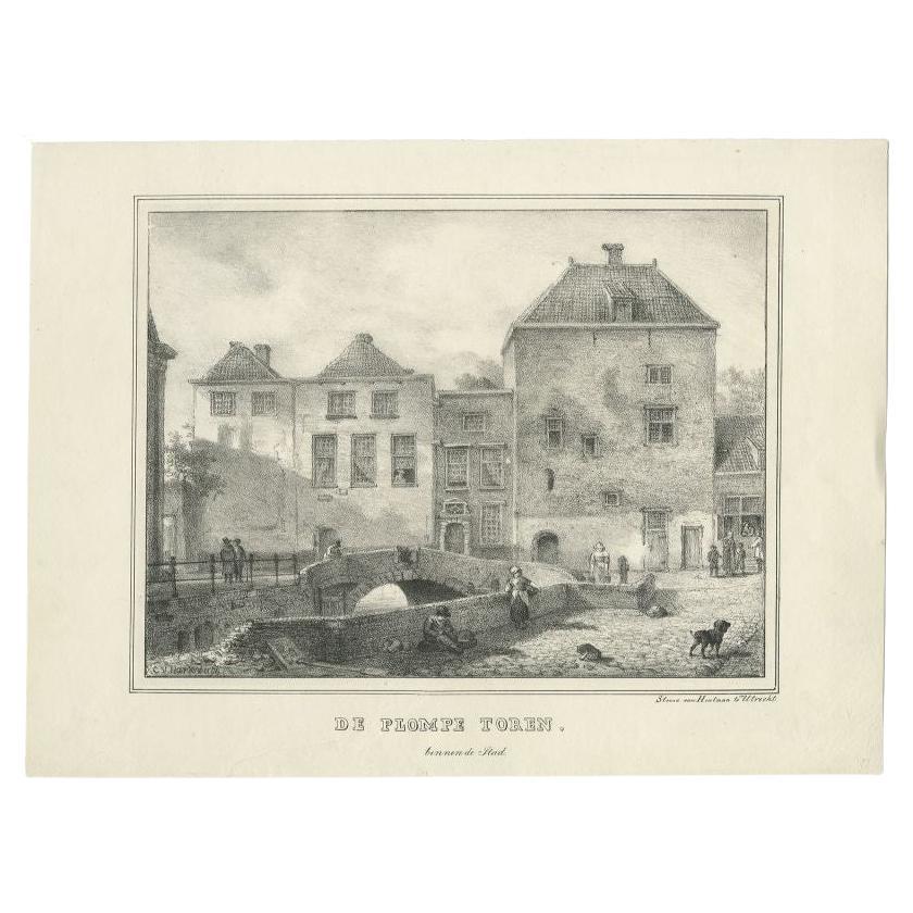 Antique Print of the 'Plompetoren' in Utrecht by Houtman, c.1830 For Sale