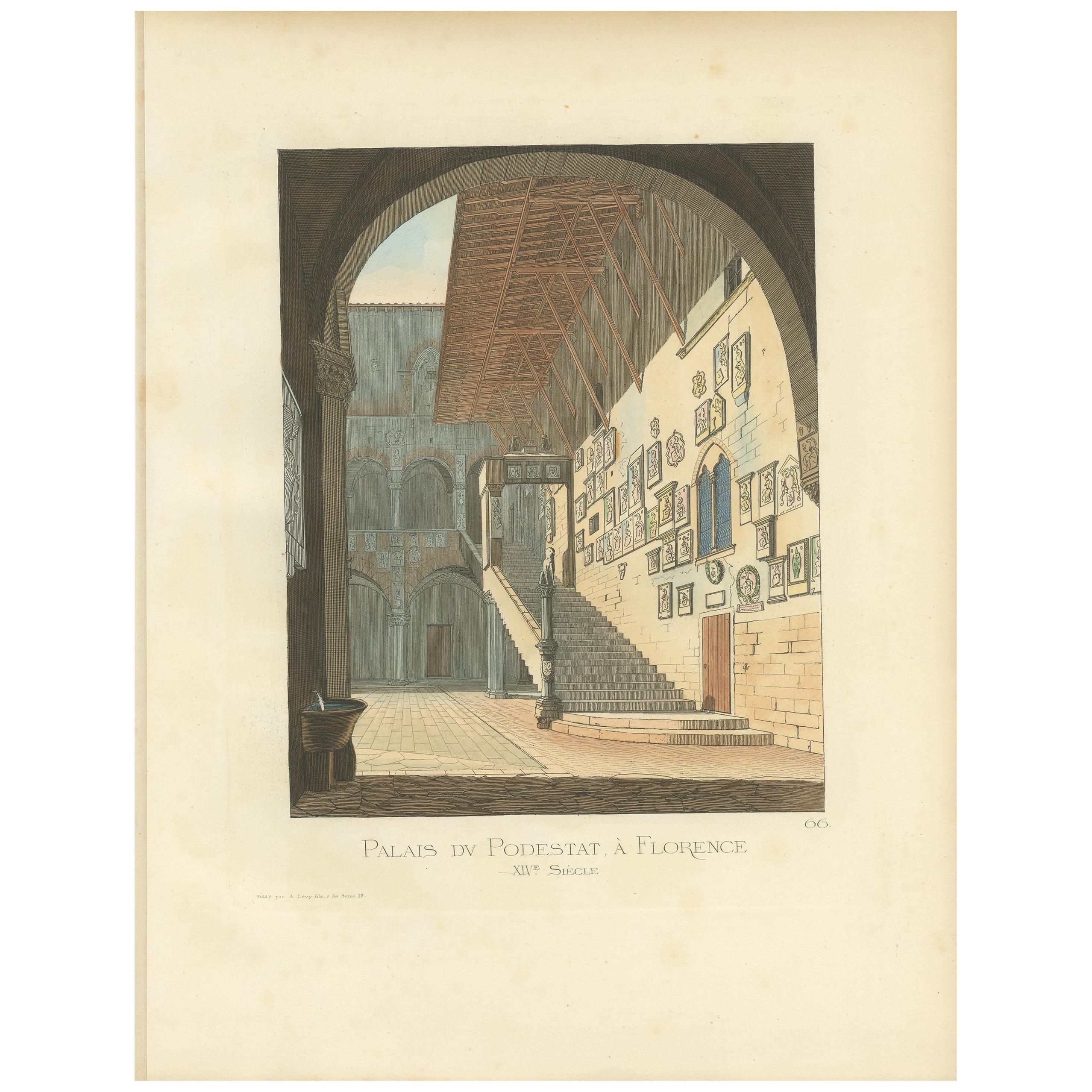 Antique Print of the Podestat Palace in Florence, Italy, by Bonnard, 1860 For Sale