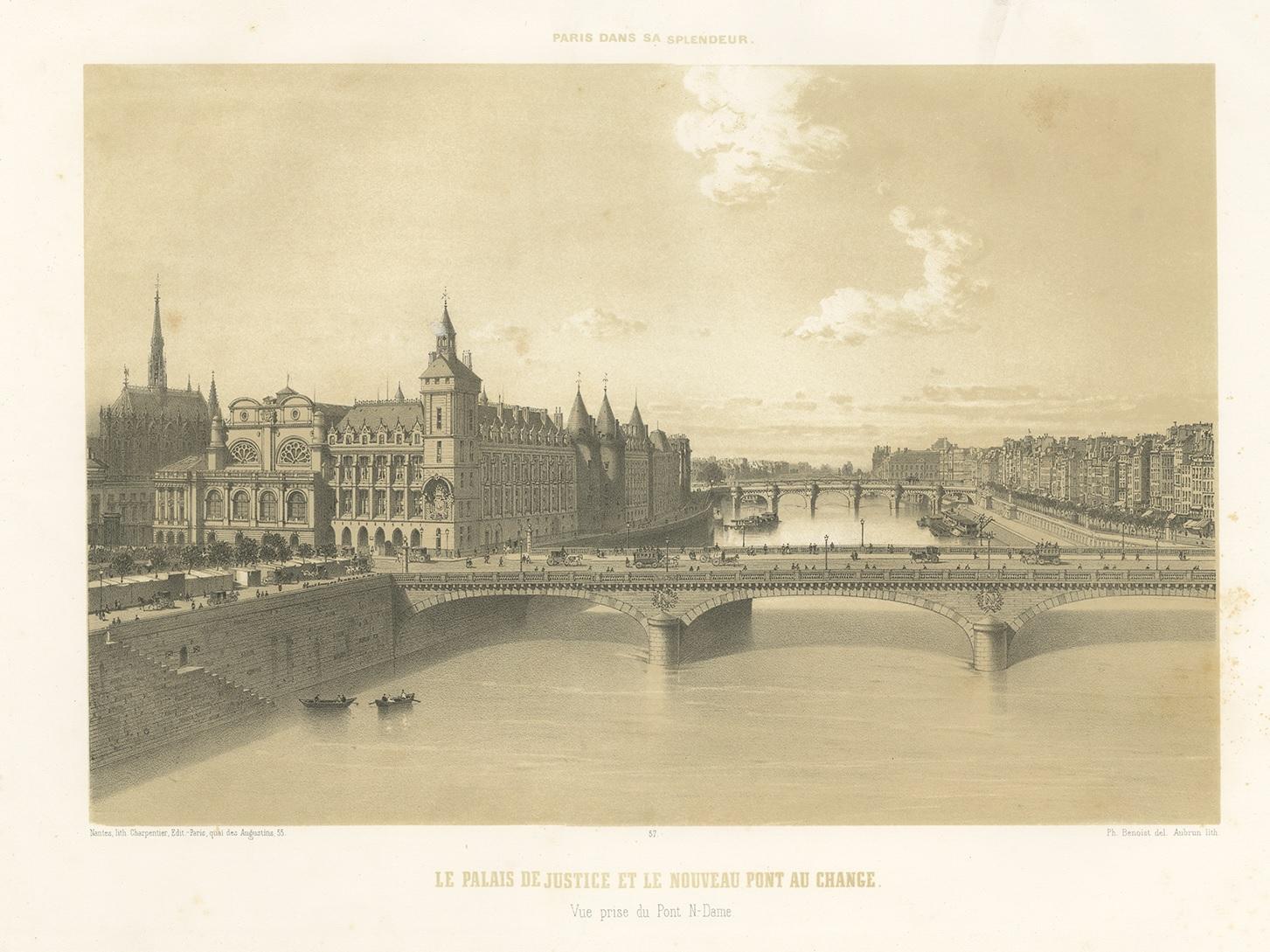 Antique Print of the Pont au Change and Palace of Justice by Benoist, 1861 In Good Condition For Sale In Langweer, NL