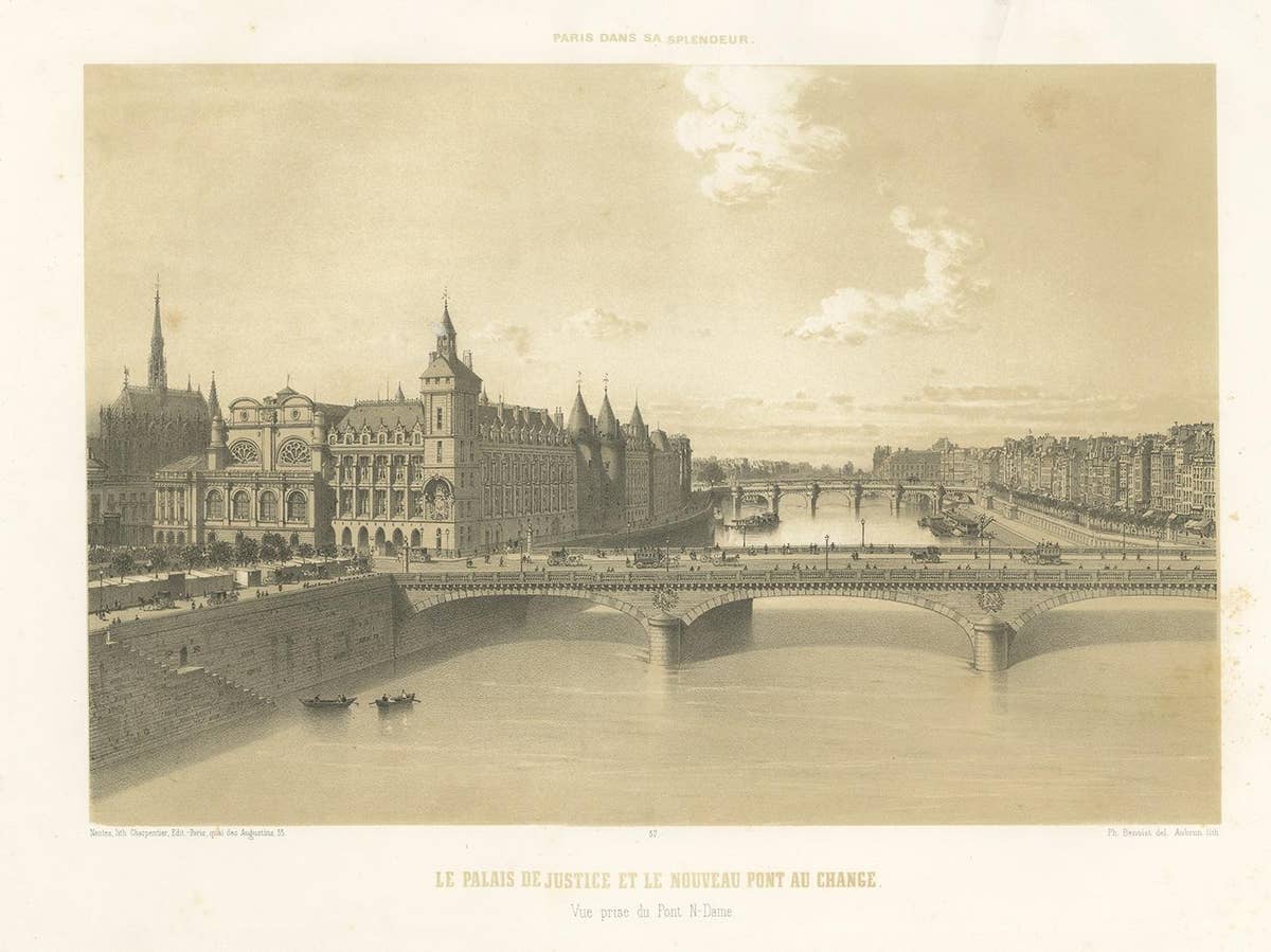 Antique Print of the Pont au Change and Palace of Justice by Benoist, 1861