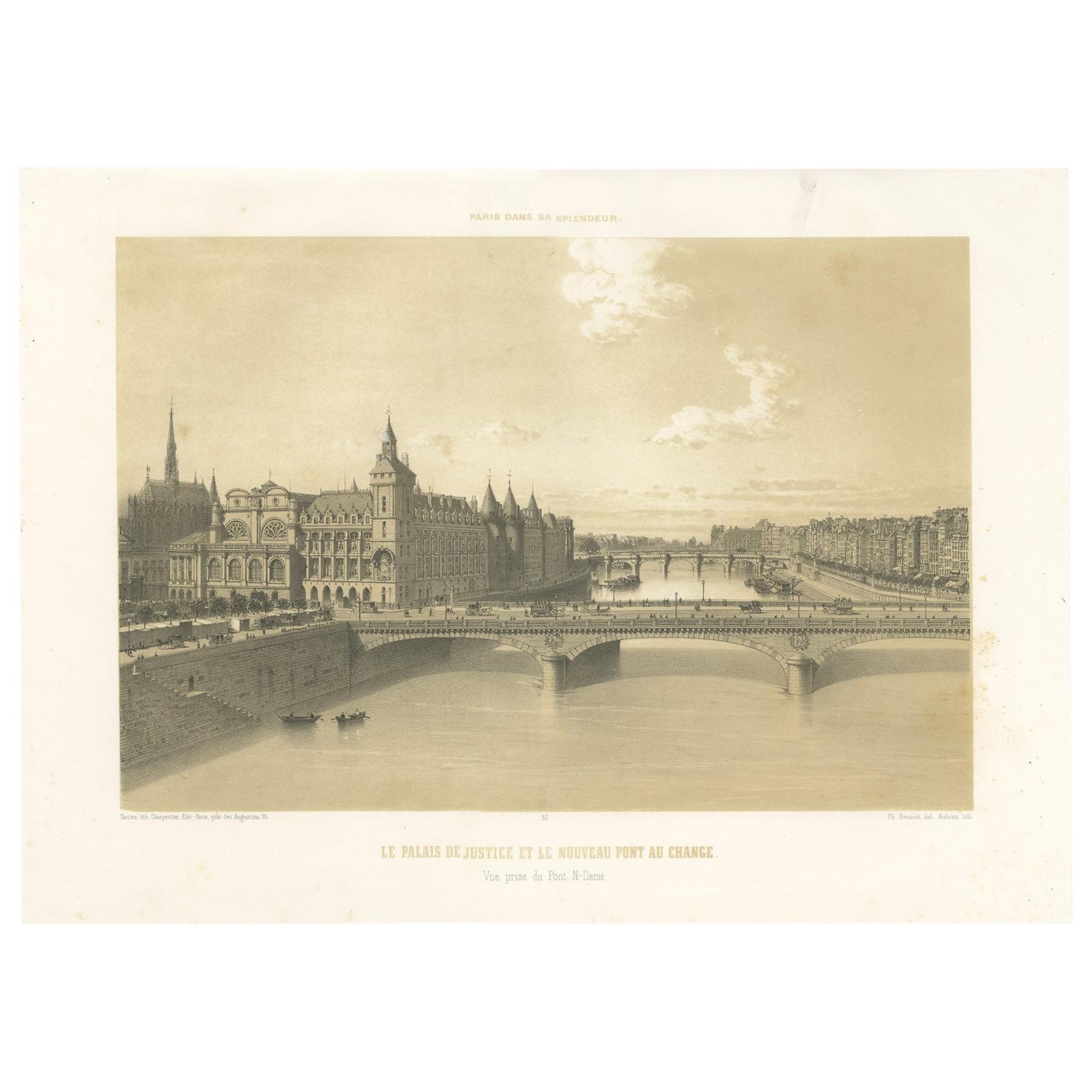 Antique Print of the Pont au Change and Palace of Justice by Benoist, 1861 For Sale