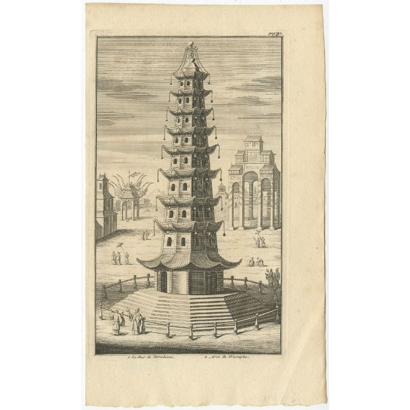Antique print titled 'La Tour de Porcelaine, Arc de Triomphe'. Old print depicting the Porcelain Pagoda in the Chinese city of Nanjing. It no longer exists for it was destroyed in the 19th century during the Taiping Rebellion. Source unknown, to be