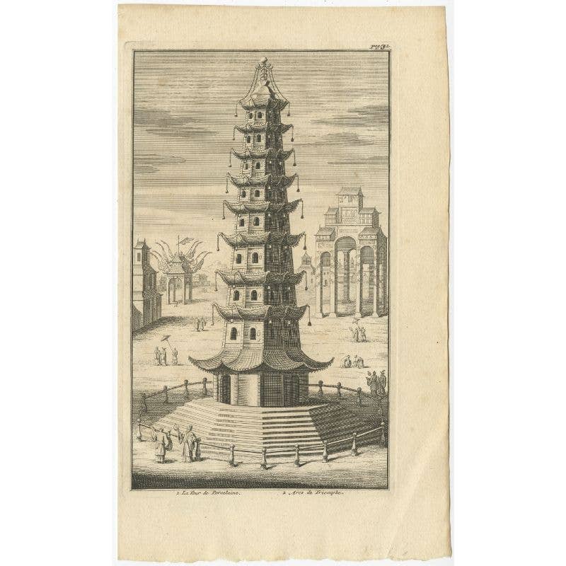 Antique Print of the Porcelain Pagoda in Nanjing, China, 1736