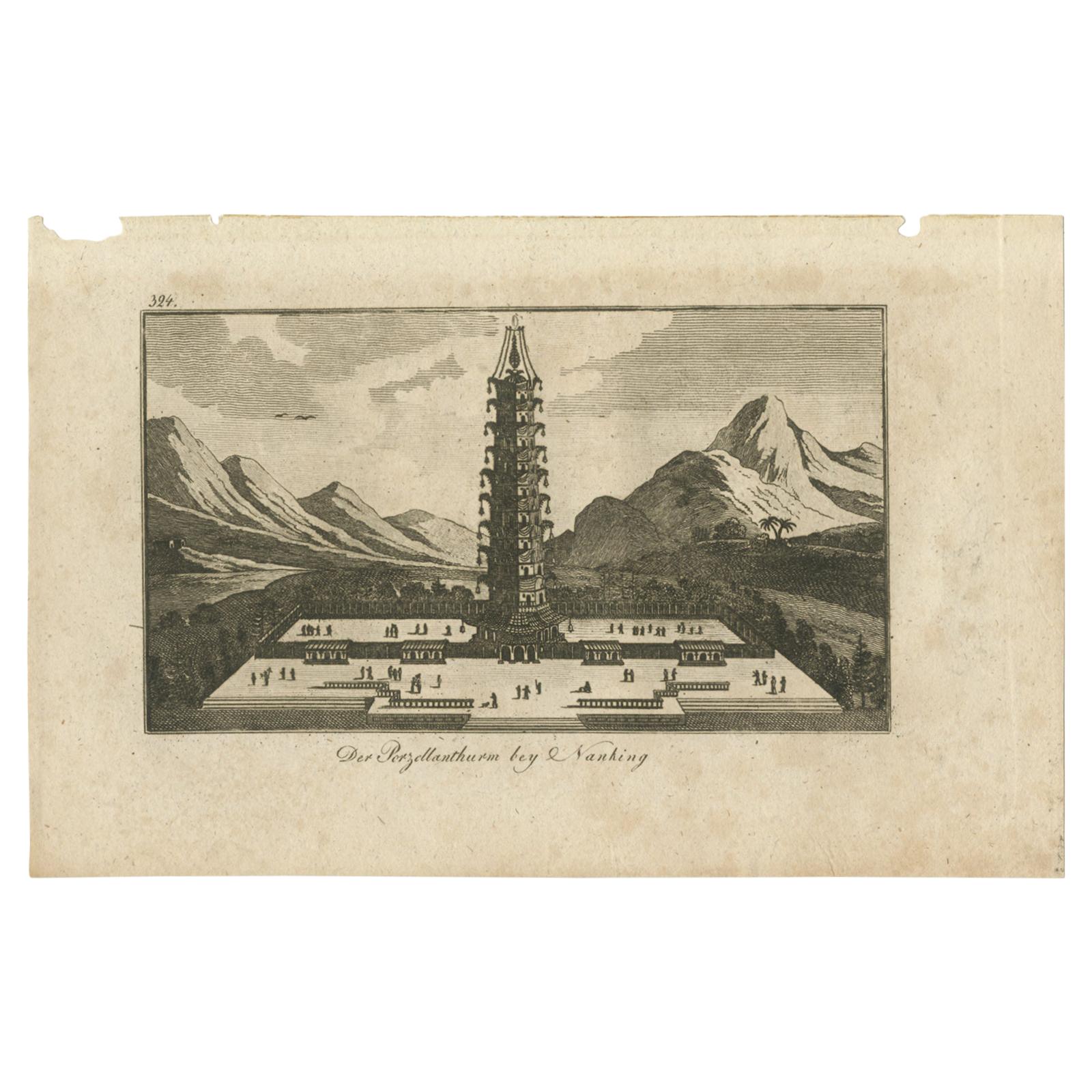 Antique Print of the Porcelain Tower of Nanjing, circa 1840