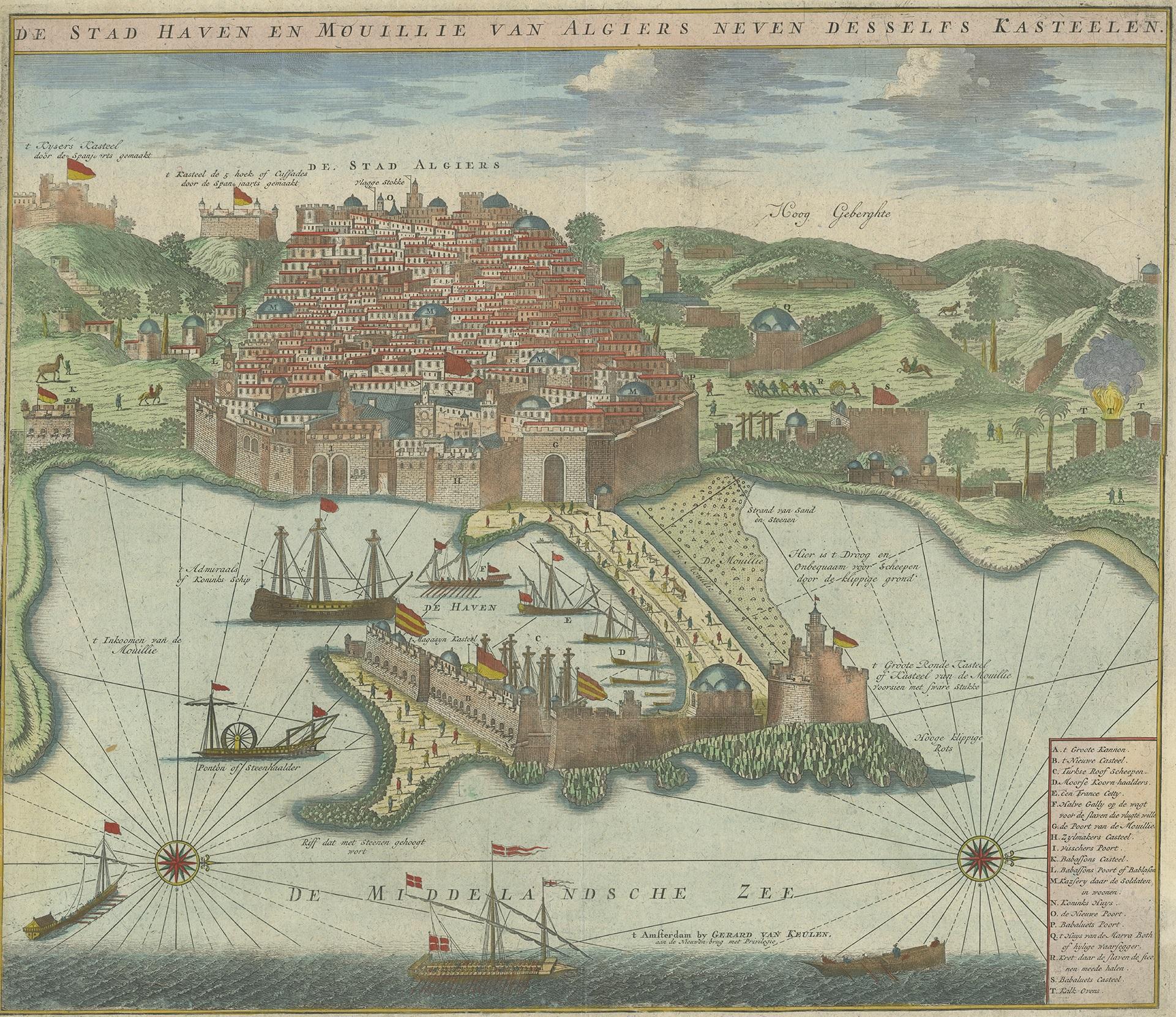 Antique print titled 'De Stad Haven en Mouillie van Algiers neven desselfs Kastelen'. Rare double-page bird's-eye view of the port and city of Algiers. With detailed key in the lower right corner. Published by G. van Keulen, circa 1720.