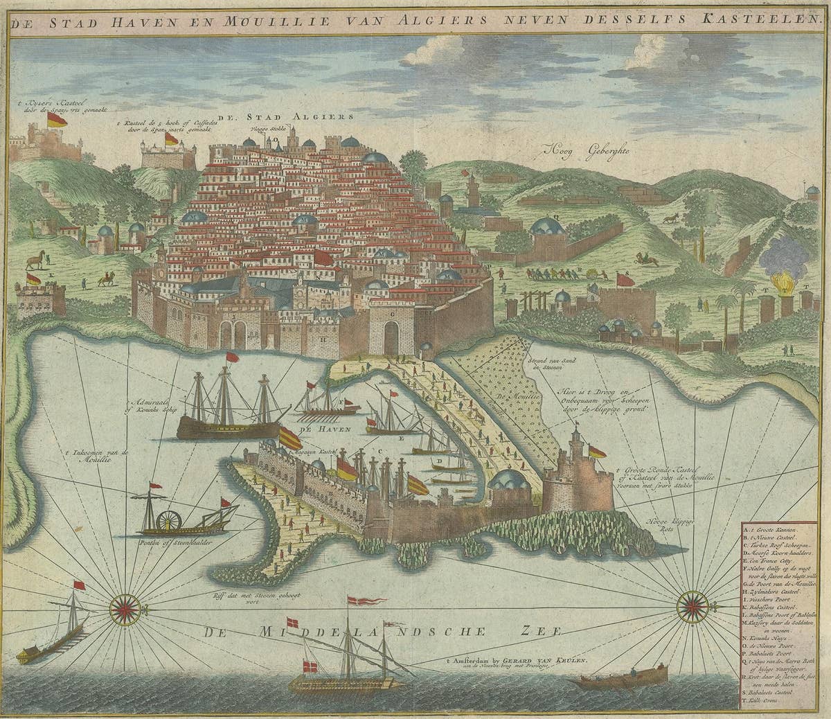 Antique Print of the Port and City of Algiers by Van Keulen, circa 1720