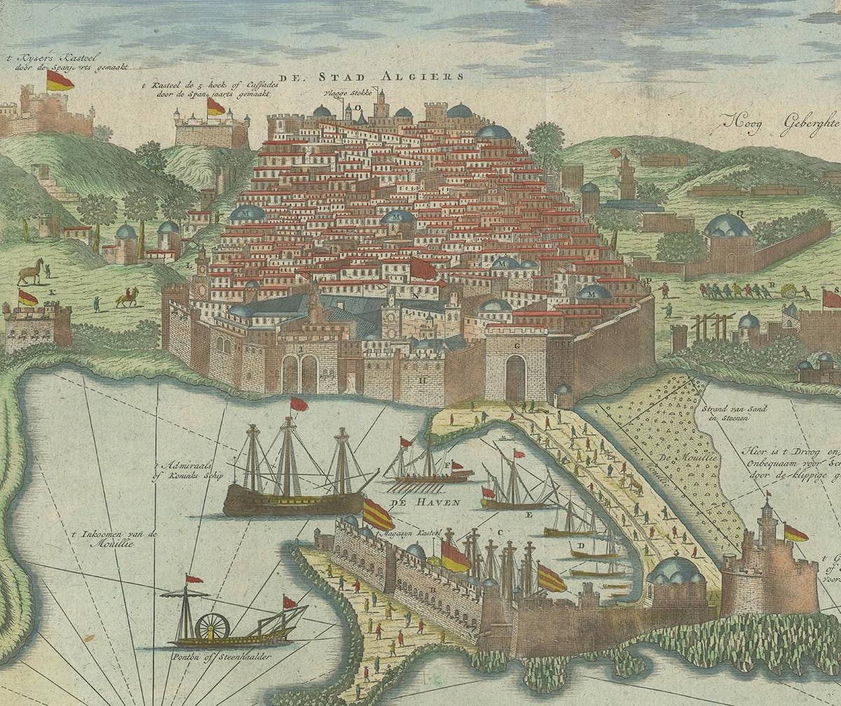 Antique Print of the Port and City of Algiers by Van Keulen, circa 1720