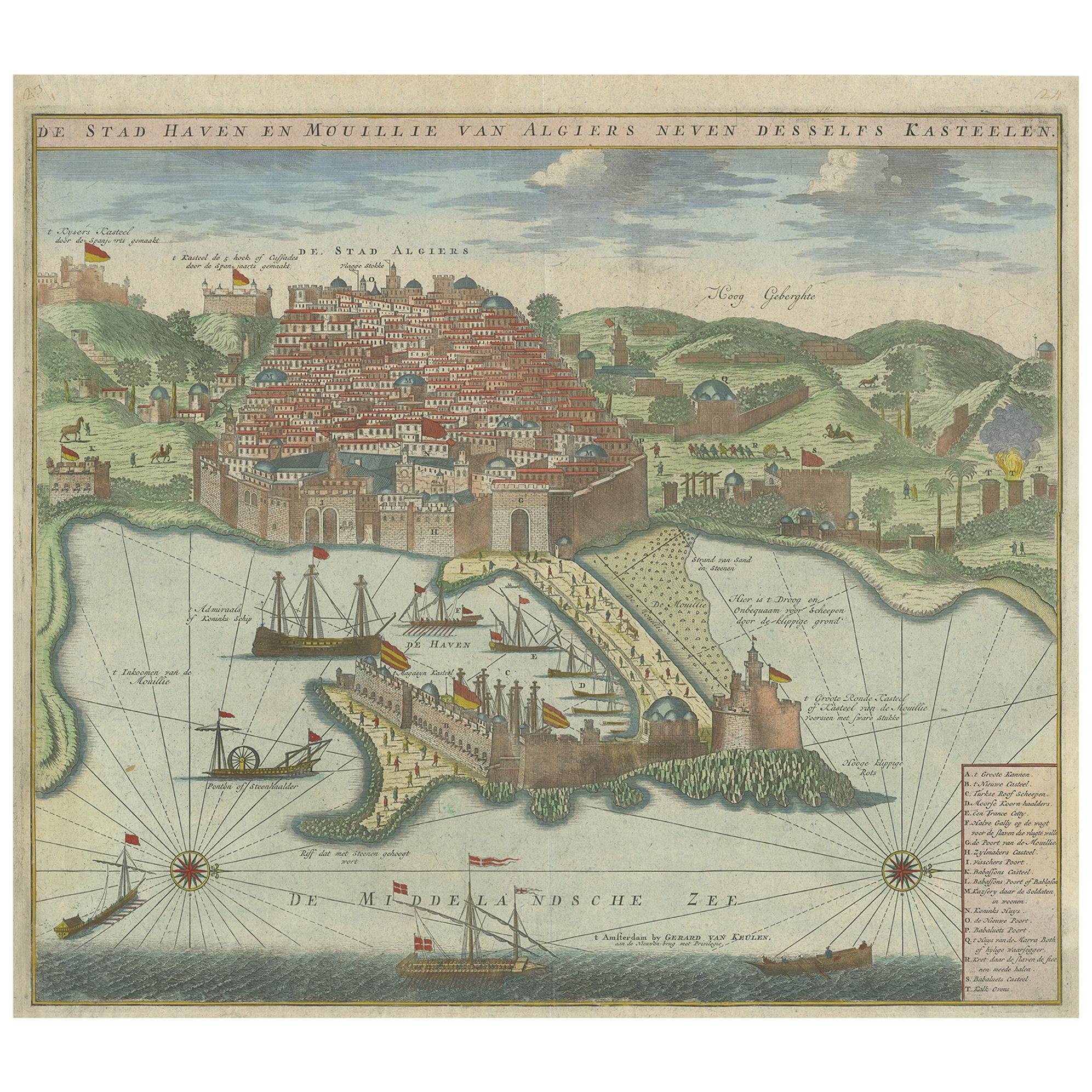 Antiker antiker Druck des Hafens und der Stadt Algiers von Van Keulen, um 1720