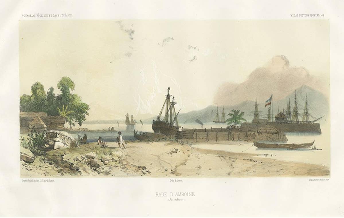 Antique Print of the Port of Ambon by D'Urville, circa 1850