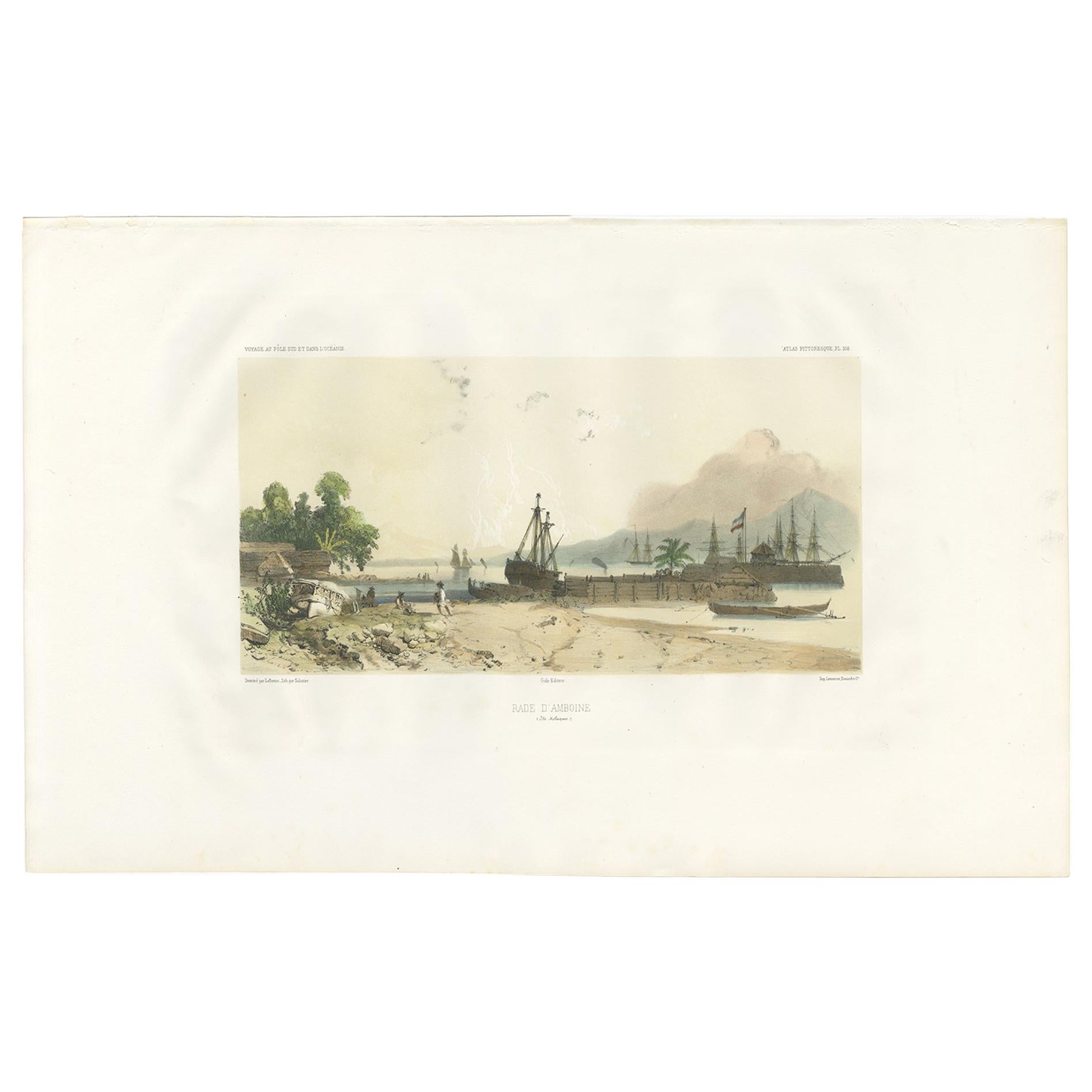 Antiker Druck des Hafens von Ambon von D'Urville, um 1850 im Angebot