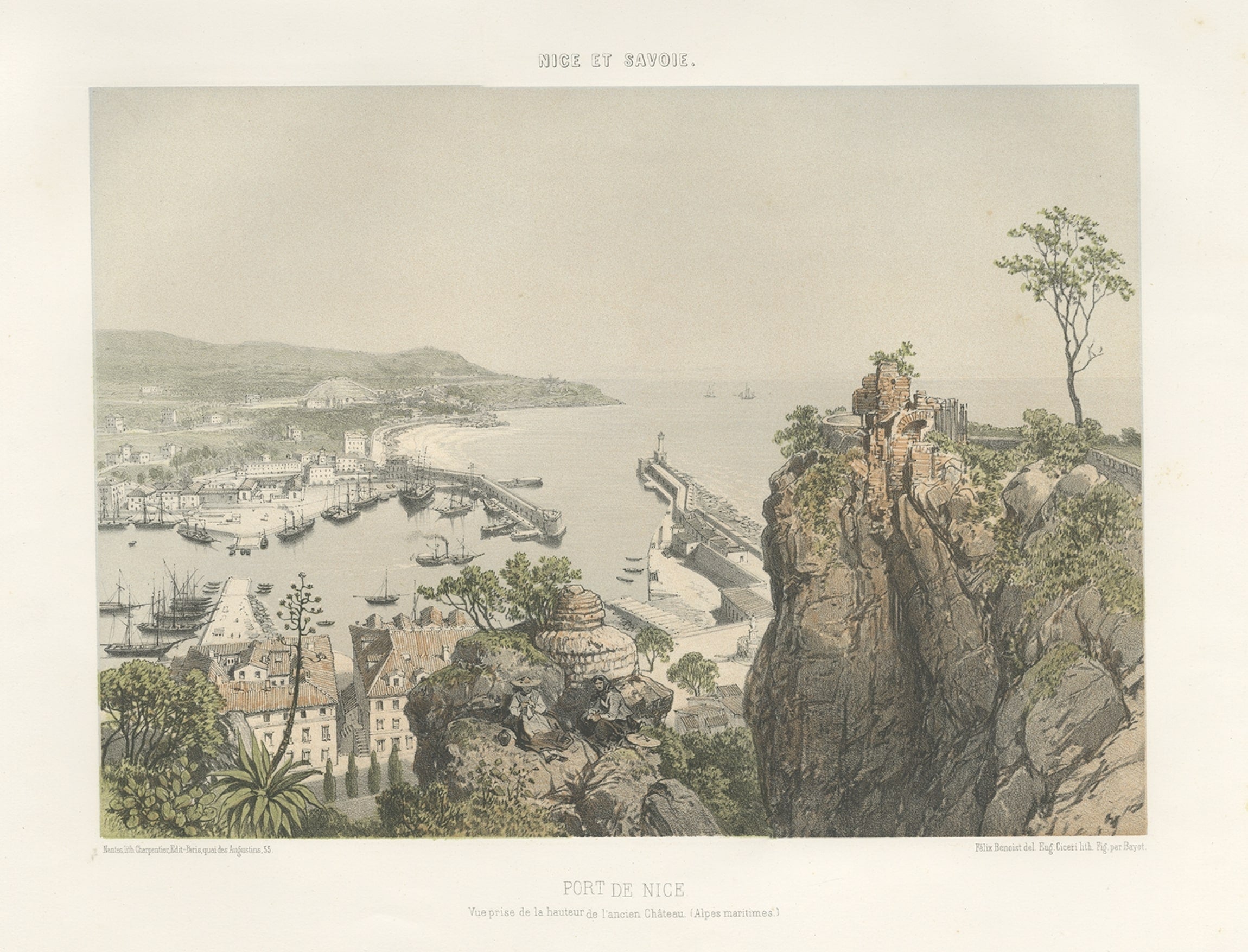 Antiker Druck des Hafens von Nizza in Frankreich, um 1865