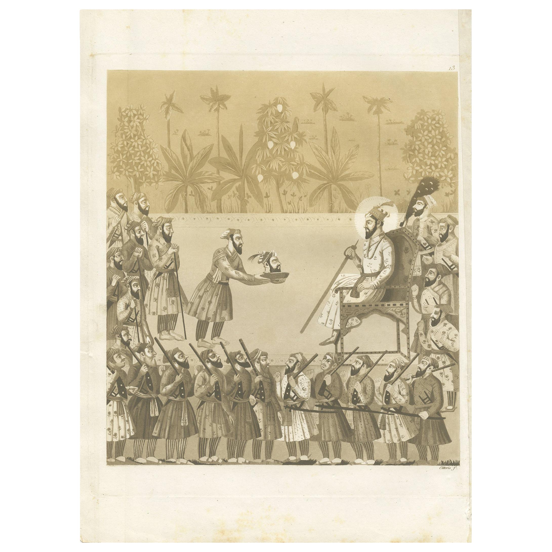 Hand-tinted Antique Print of the Presentation of Dara Shukoh’s Head, ca.1831 For Sale