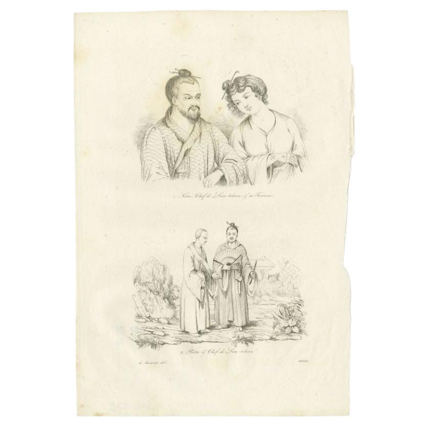 Antique Print of the Priest and Chief of Liu-Tcheou by Dumont d'Urville, 1834 For Sale