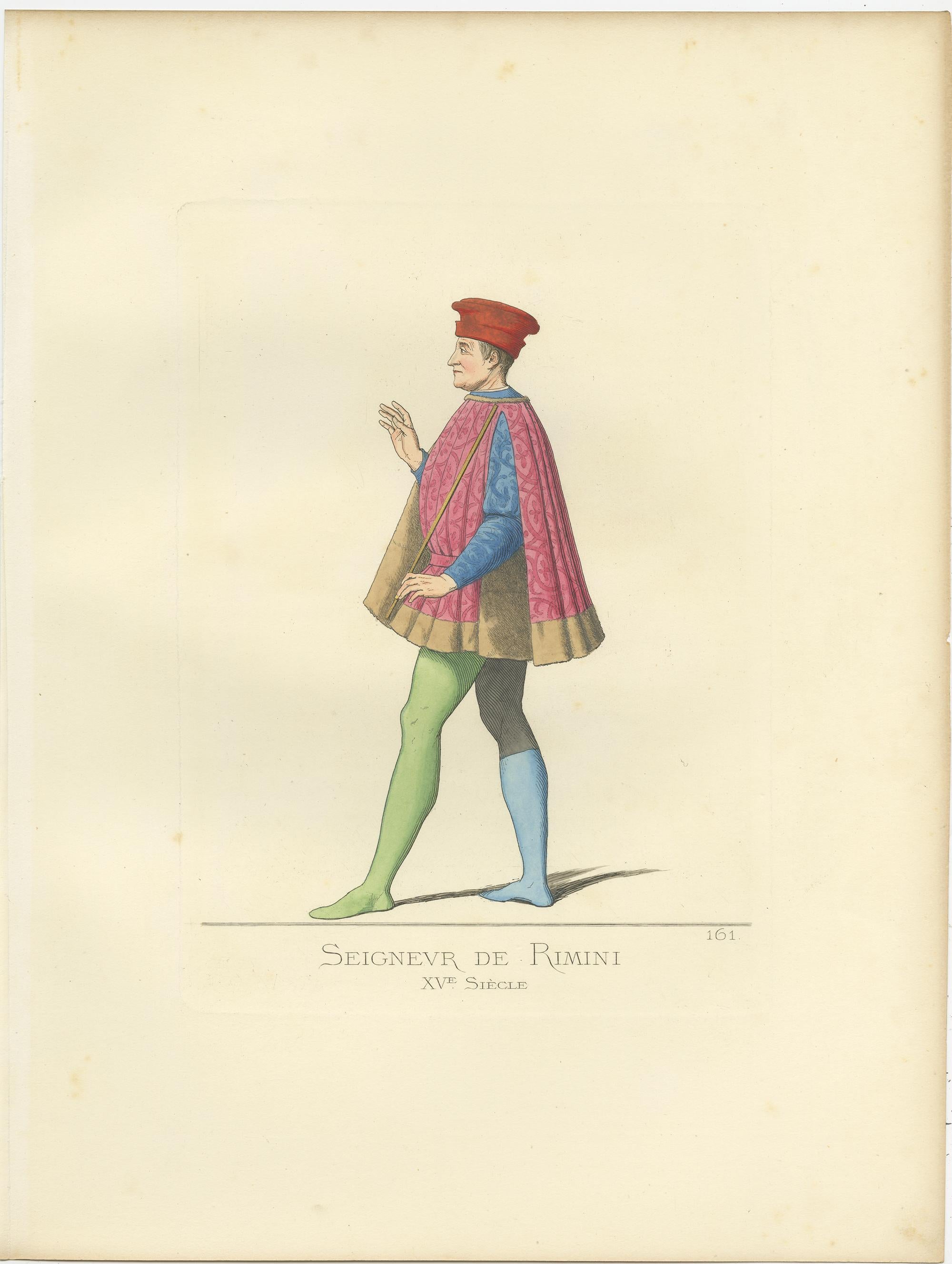 Antique print titled ‘Seigneur de Rimini, XVe Siecle.’ Original antique print of the Prince of Rimini from the Malatesta Family, 15th century. This print originates from 'Costumes historiques de femmes du XIII, XIV et XV siècle' by C. Bonnard.