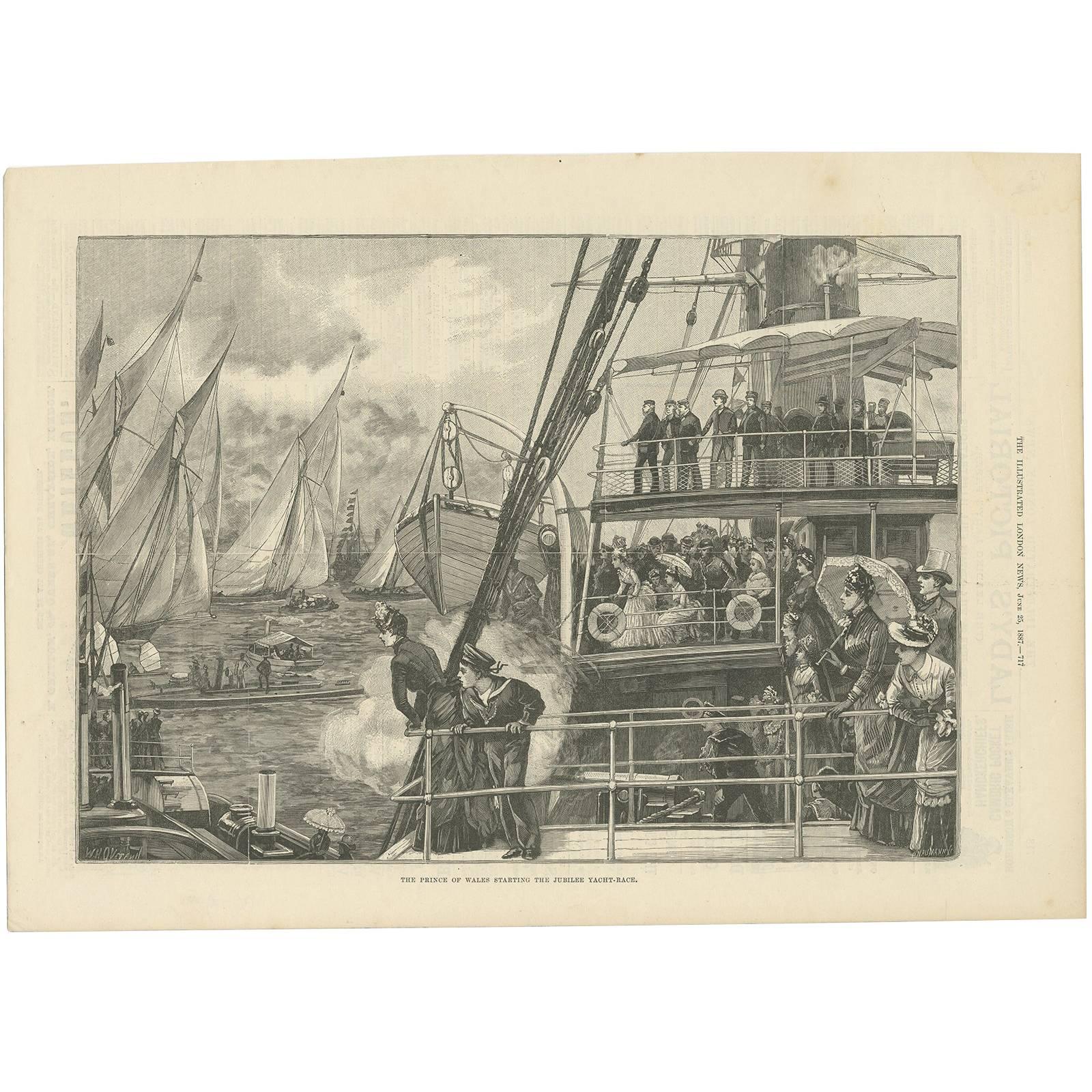 Gravure ancienne du Prince Wales et Wales prenant le départ de la course de voiliers du Jubilé, 1887