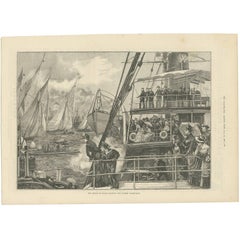 Grabado antiguo del Príncipe de Gales en la salida de la regata del jubileo, 1887