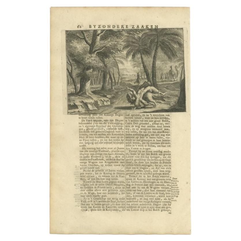 Antique Print of the Princess Taken by a Lion by Valentijn, 1726 For Sale