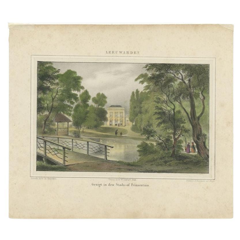 Ancienne estampe de la "Prinsentuin" à Leeuwarden, Friesland, Pays-Bas, 1849