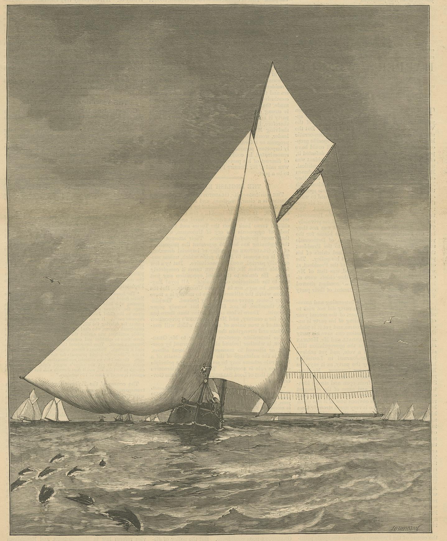 Antique print titled 'Squared Away for Home - The 'Priscilla' winning the Atlantic Club Regatta, June 15'. Yacht racing print showing the Priscilla' winning the Atlantic Club Regatta. This print originates from 'Harper's Weekly. Journal of