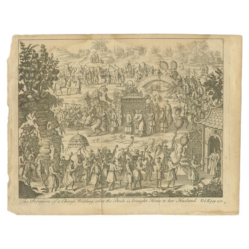 Antique print titled 'The Procession of a Chinese Wedding when ye Bride is brought home to her Husband'. 

Copper engraving of the procession at a Chinese wedding to bring the bride to her husband's house, attended by musicians, bearers with gifts,
