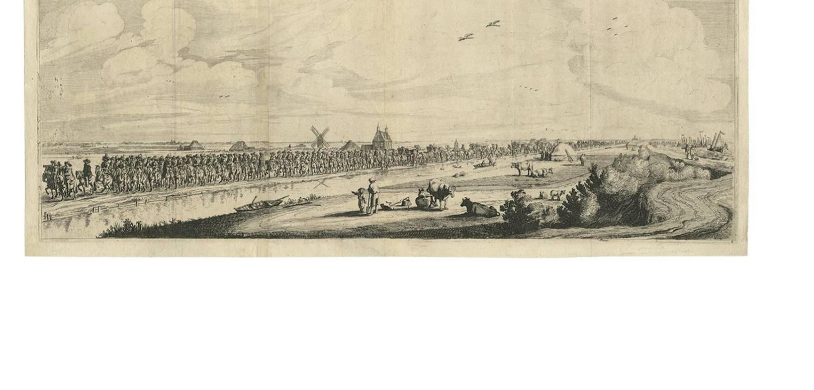 Untitled antique master print of the procession of Maria de Medici along the Haarlemmerweg. The carriages of the queen are accompanied by the Schutterij (militia) of Amsterdam. To the right the IJ is visible, and some farmers with cattle in the