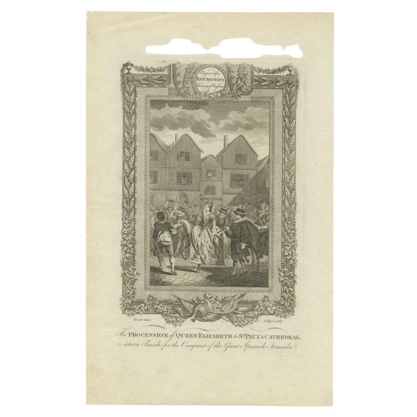 Antique print titled 'The procession of Queen Elizabeth to St. Paul's Cathedral (..)'. Engraving of the procession of Queen Elizabeth to St. Paul's cathedral to return thanks for the conquest of the Spanish Armada. This print originates from 'A New,