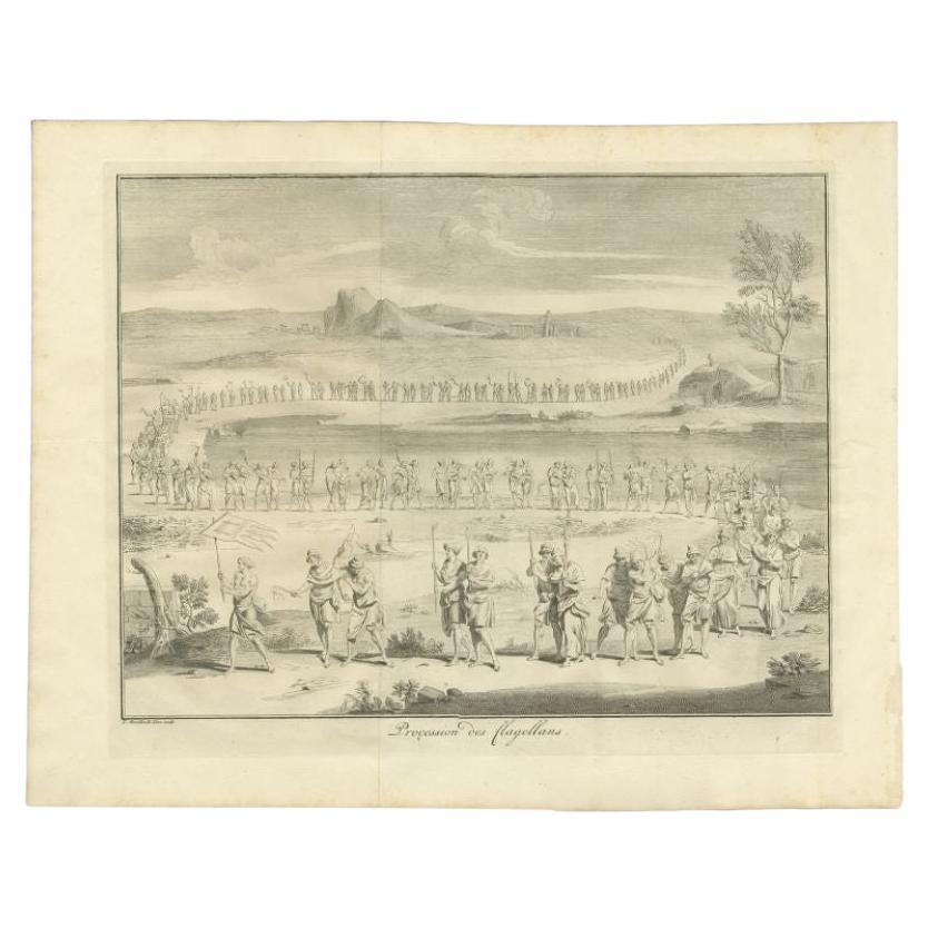 Stampa antica della Processione dei Flagellanti di Morellon, 1740 ca. in vendita