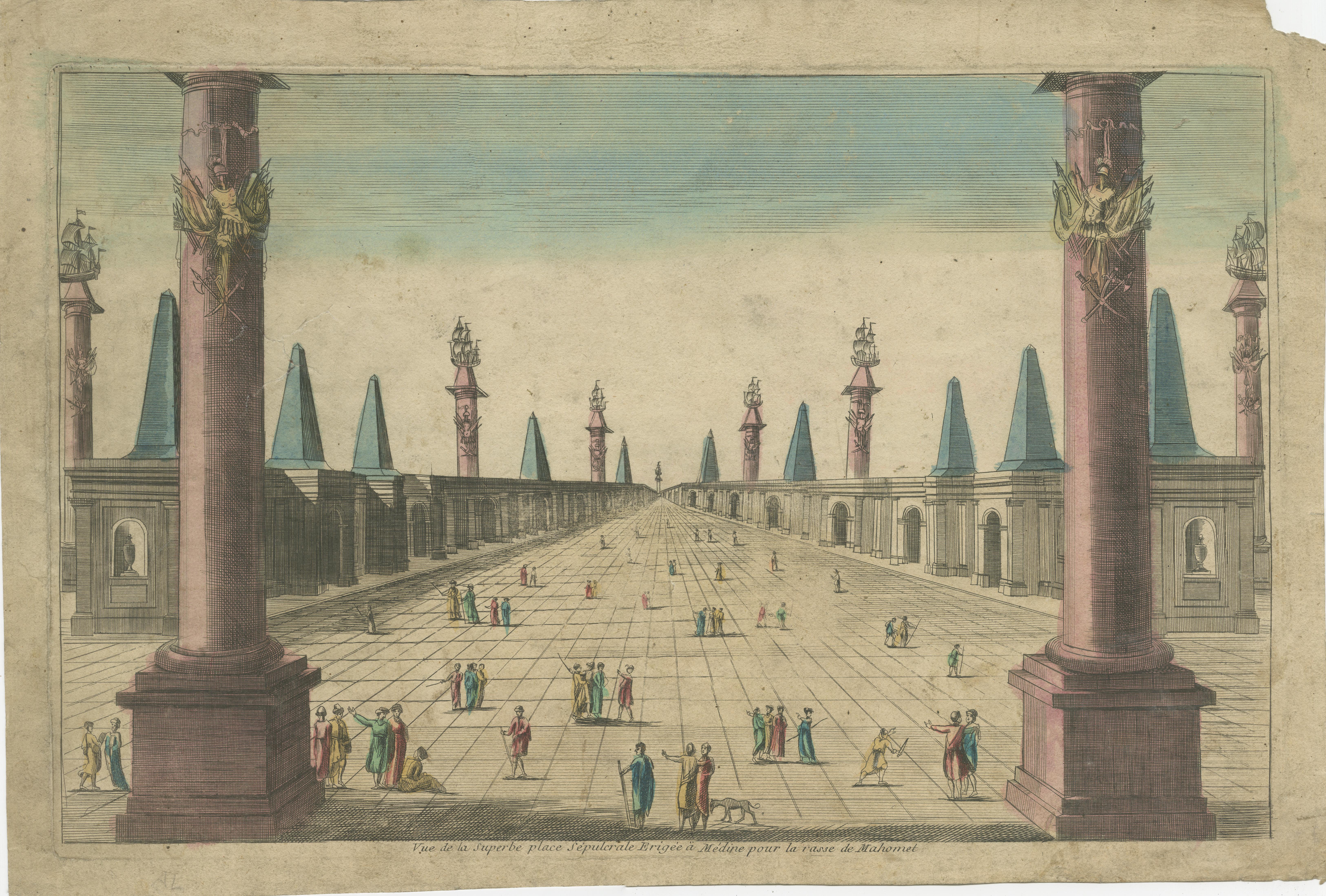 Antique print titled 'Vue de la Superbe place Sepulerale Erigée (..)'. View of the Prophet's Mosque or Al-Masjid an-Nabawī in Medina. This is an optical print, also called 'vue optique' or 'vue d'optique', which were made to be viewed through a