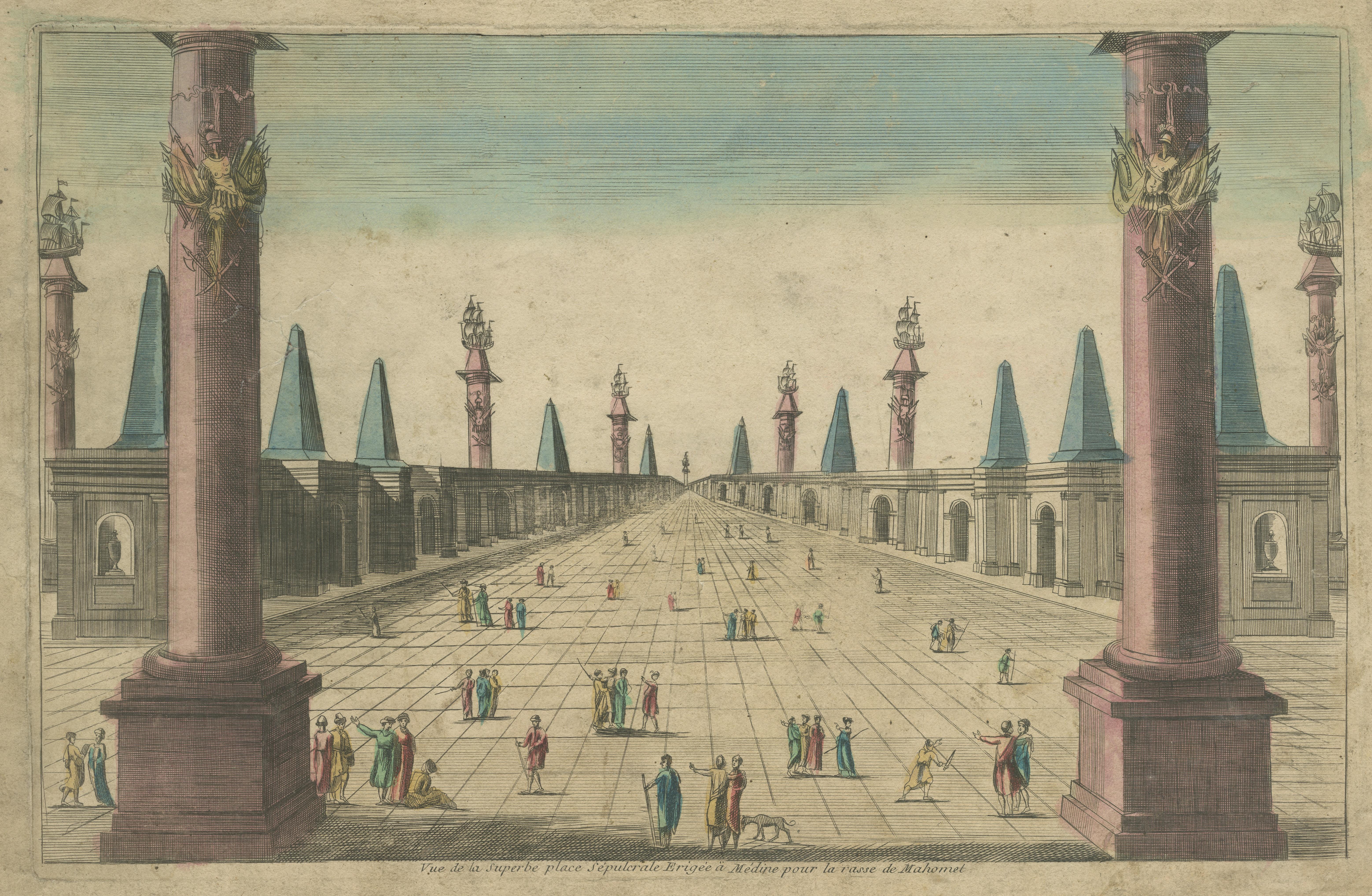 Antique Print of the Prophet's Mosque or Al-Masjid an-Nabawī in Medina In Fair Condition For Sale In Langweer, NL
