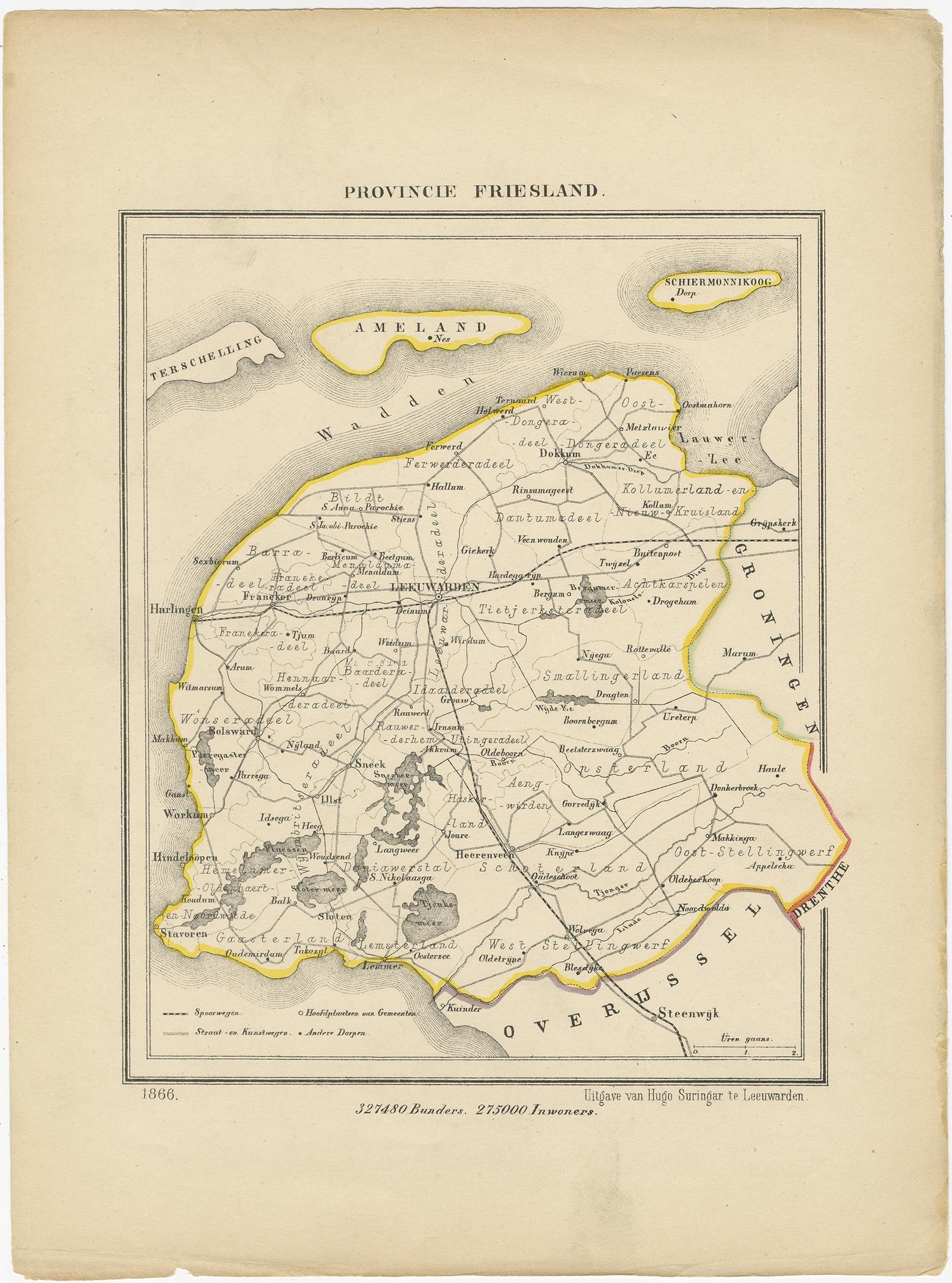 Antique map titled 'Provincie Friesland'.

 Map of Friesland, the Netherlands. This map originates from 'Gemeente-Atlas van Nederland' by J. Kuyper. 

Artists and Engravers: Published by H. Suringar. 

Condition: Good, general age-related