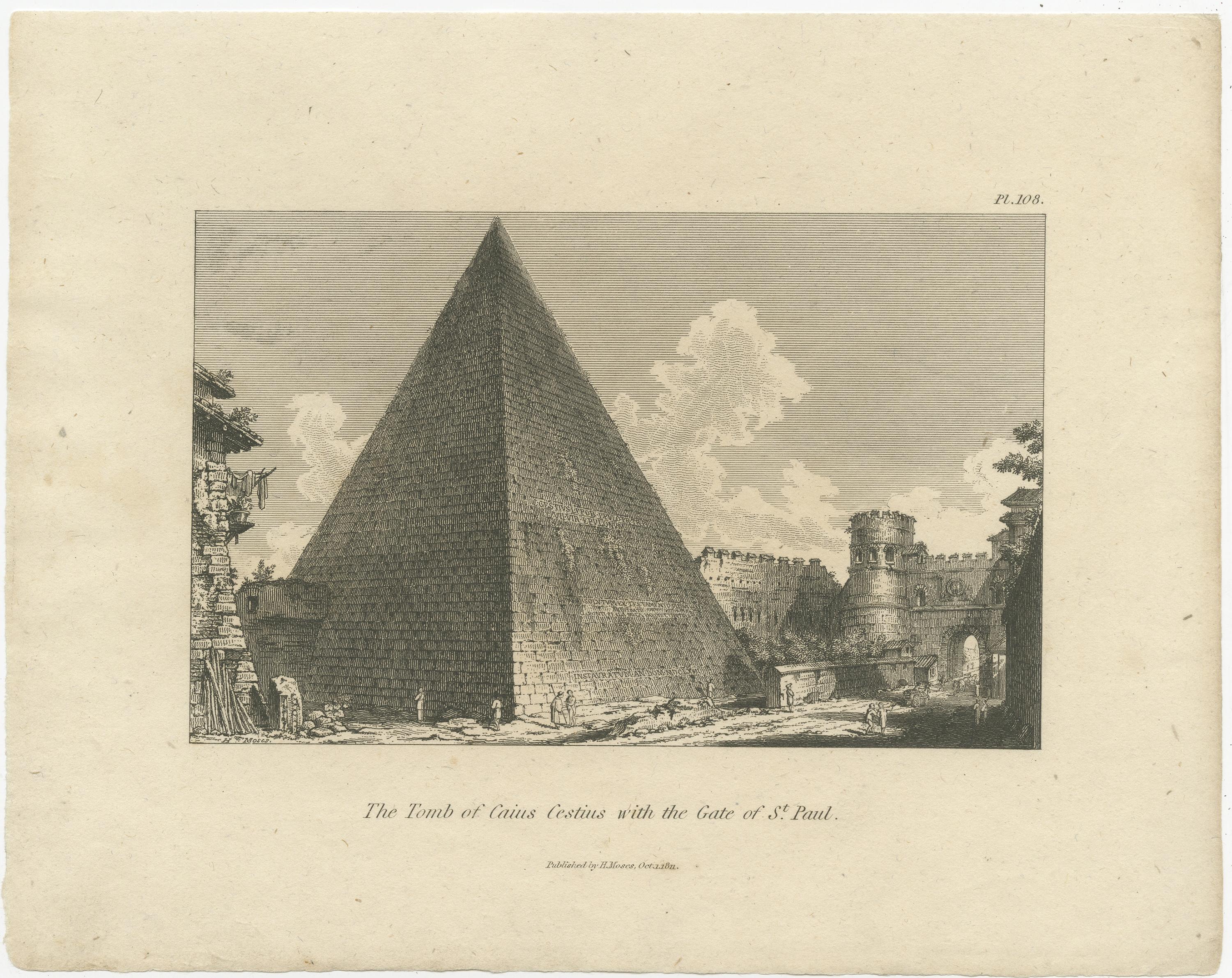 Description: Antique print titled 'The Tomb of Caius Cestius with the Gate of St. Paul'. Original antique print of the Pyramid of Cestius in Rome, Italy. This print originates from 'A Collection of Antique Vases, Altars (..)' published