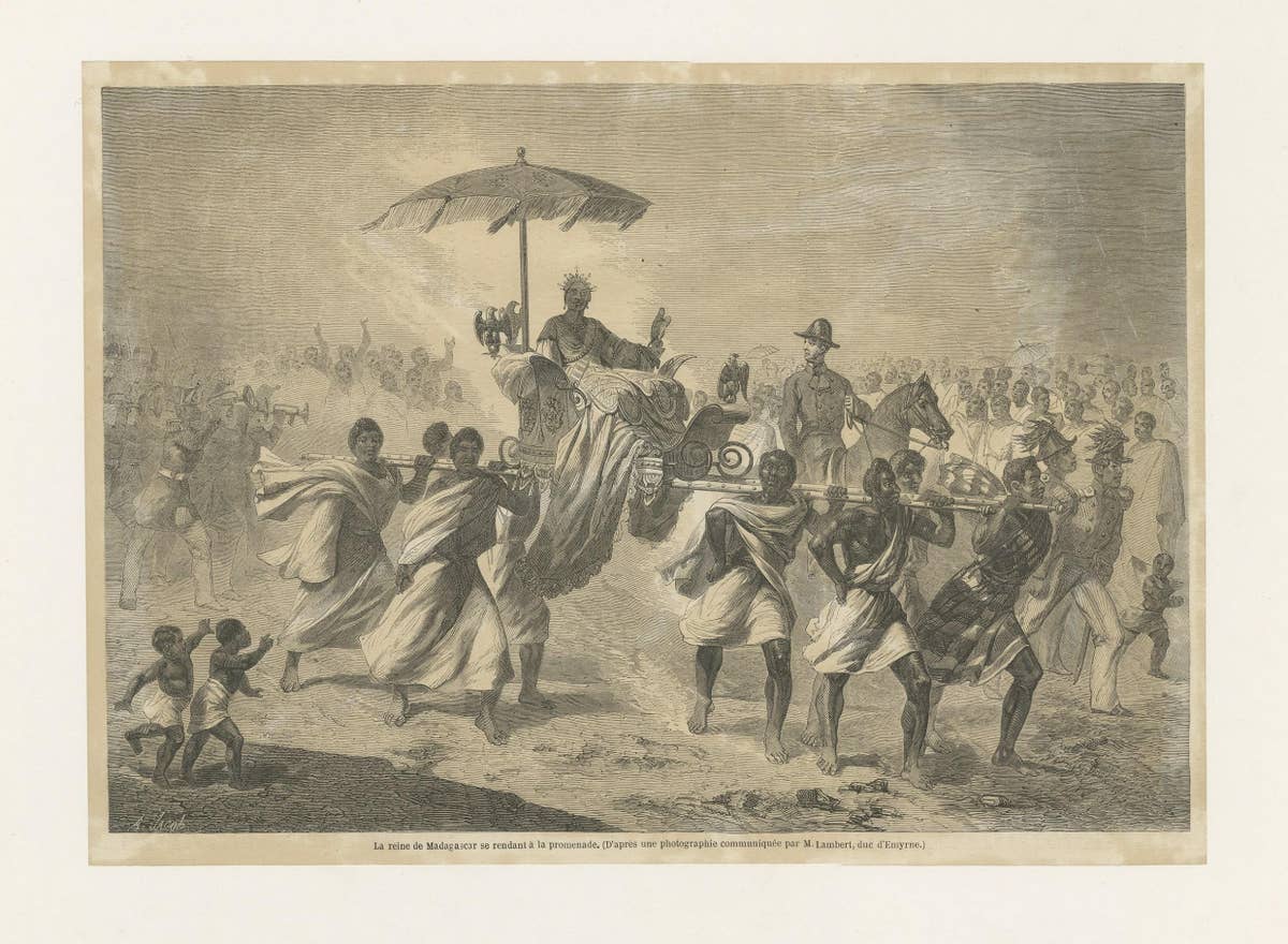 Antique Print of the Queen of Madagascar in a Sedan Chair