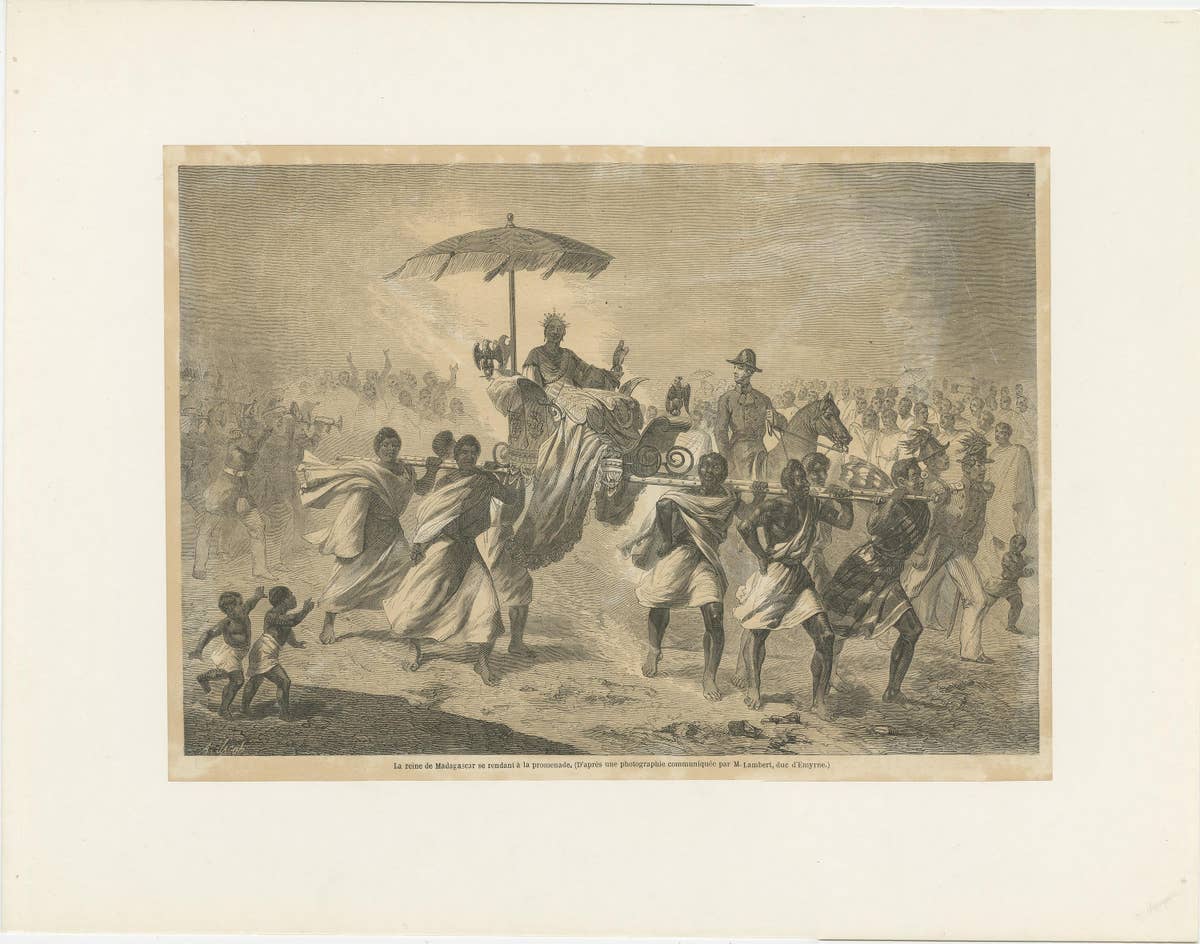 Antique Print of the Queen of Madagascar in a Sedan Chair