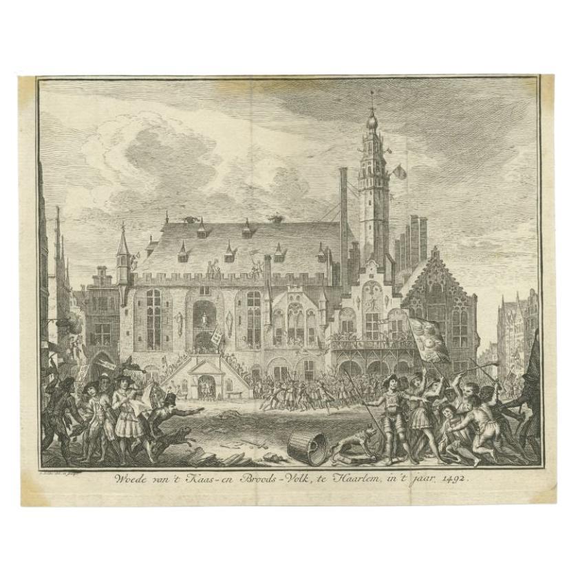 Antiker antiker Druck des Rebellions von Haarlem im Jahr 1492 von Fokke, um 1750