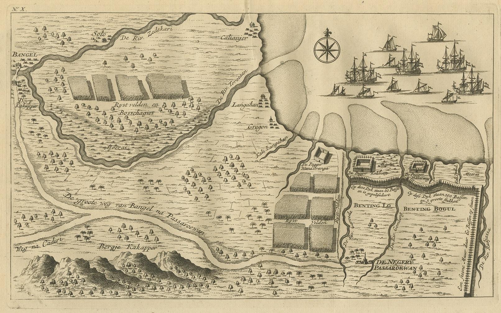 Antique print of the region around Pasuruan near Surabaya, Indonesia. It shows the location of rice fields, the village Bangil, as well as three places named Pagger (also Pagar), a cluster of buildings surrounded by a bamboo fence. The location of a