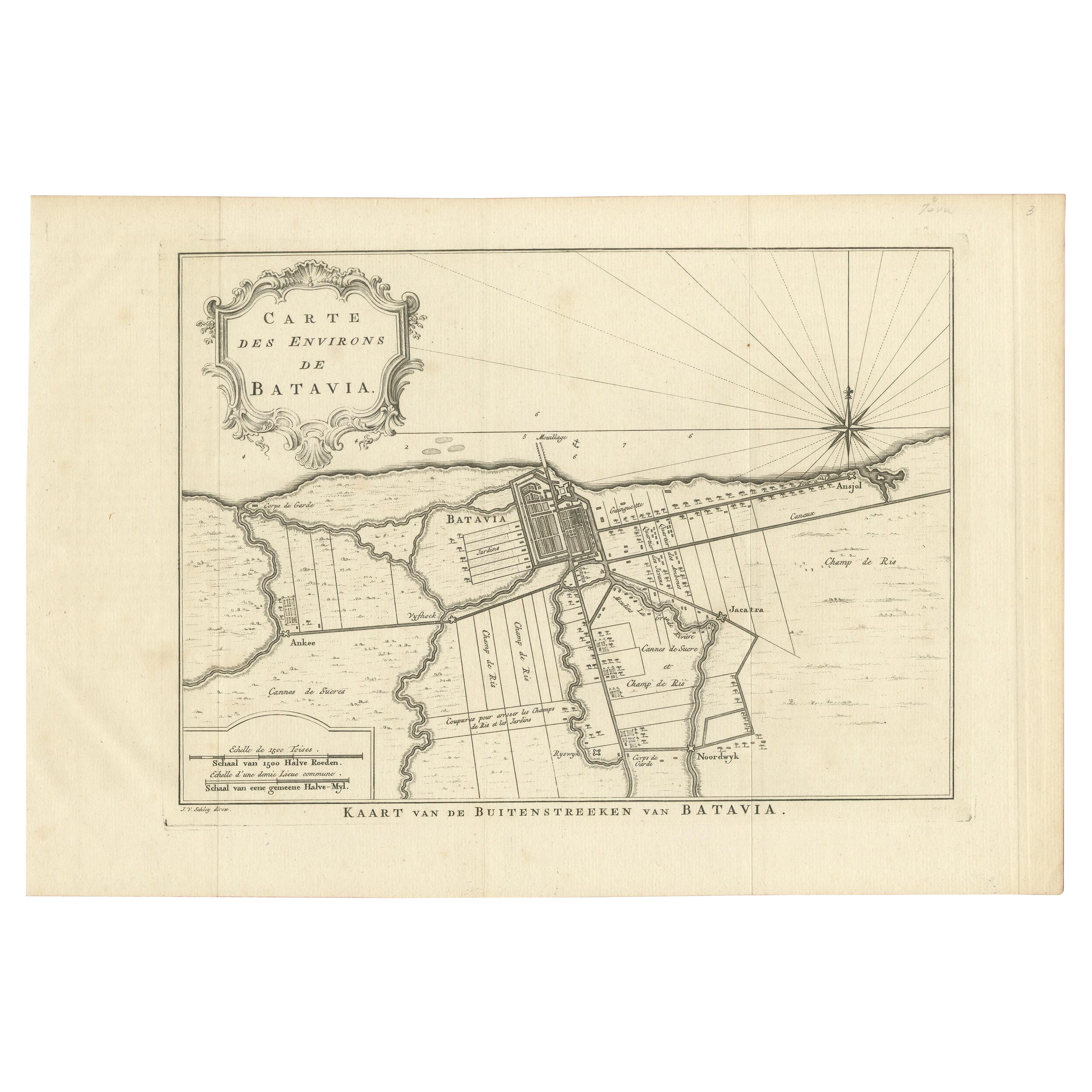 Impression ancienne de la région de Batavia par Van Schley, vers 1750