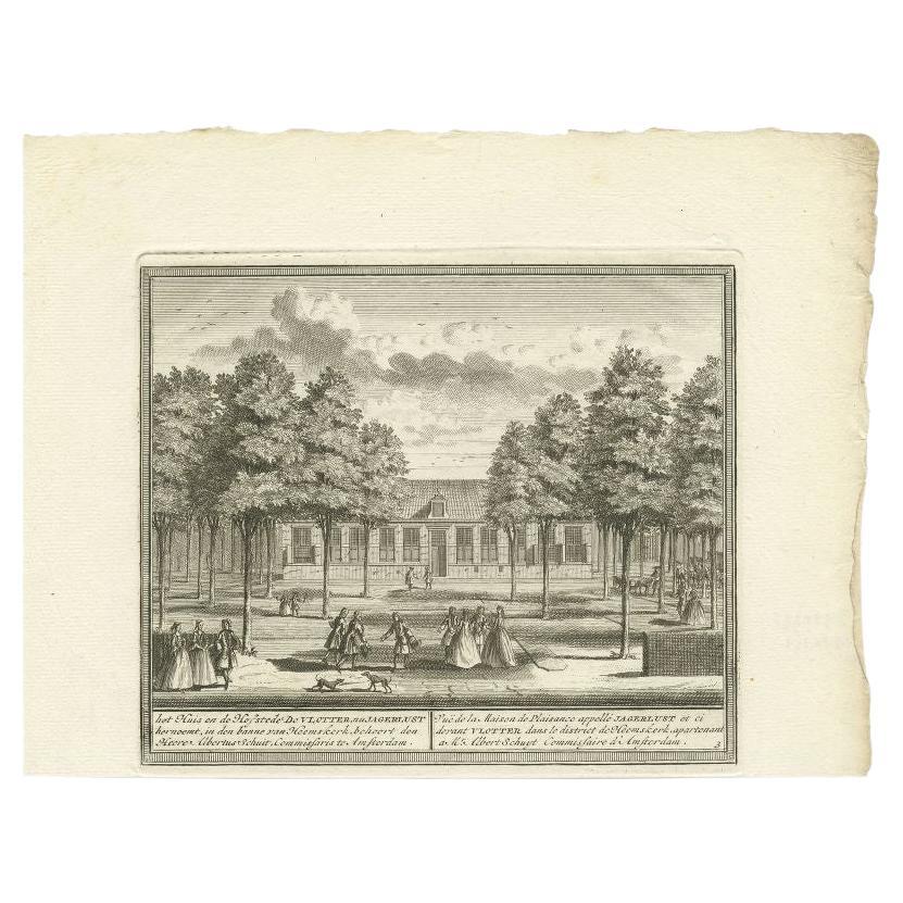 Antique Print of the Residence of Mr. Albertus Schuit by De Leth, c.1730 For Sale