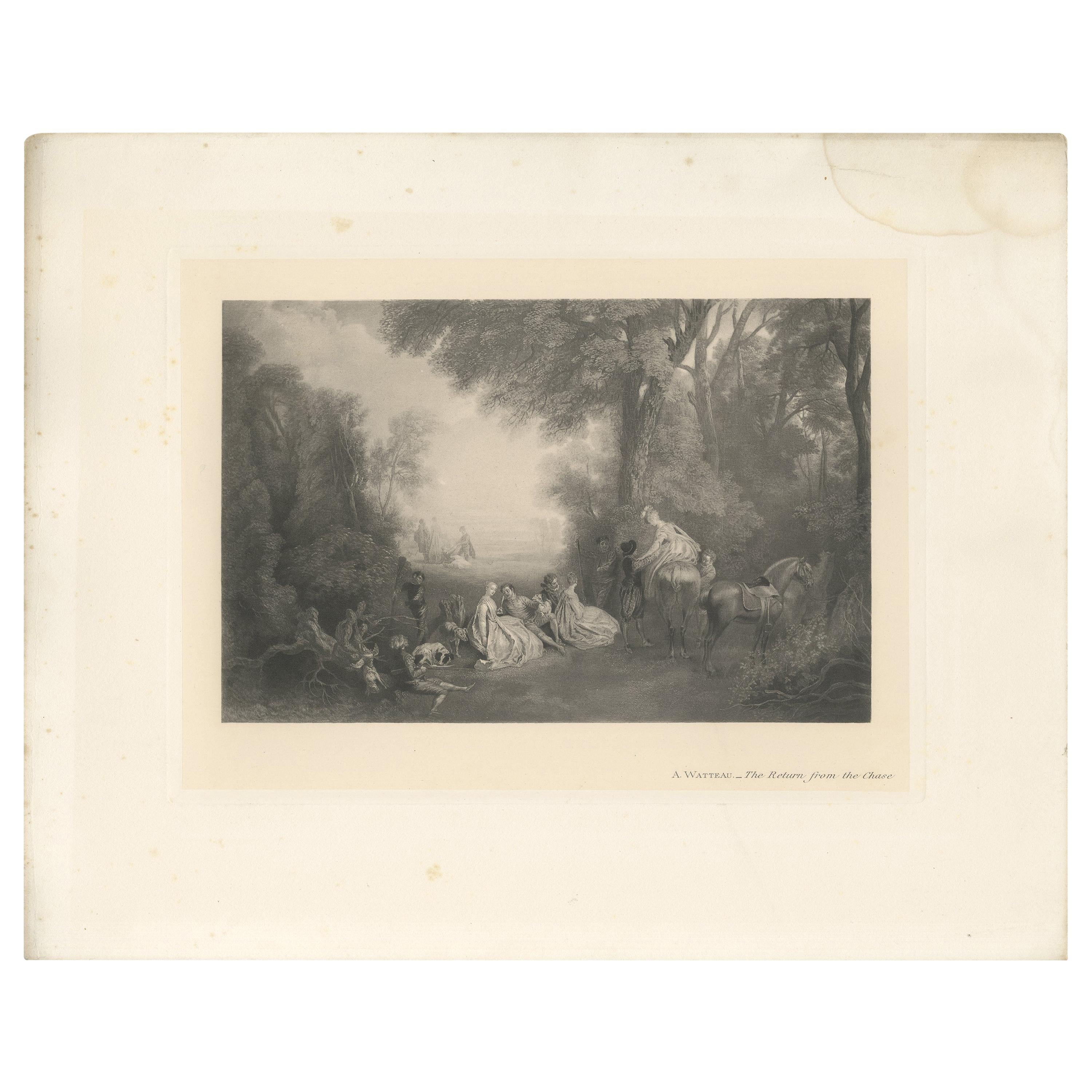Antique Print of 'The Return from the Chase' Made After a. Watteau, 1902