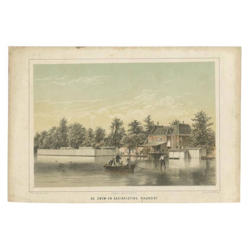 Impression ancienne de la salle de bains "Rhijnzigt" de Leiden par Montagne, 1859 en vente