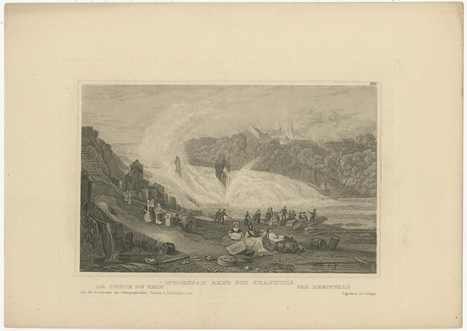 Antique print titled 'Wodospad renu pod Szafhuza'. View of the Rhine Falls, a waterfall located in Switzerland and the most powerful waterfall in Europe. The falls are located on the High Rhine on the border between the cantons of Schaffhausen (SH)
