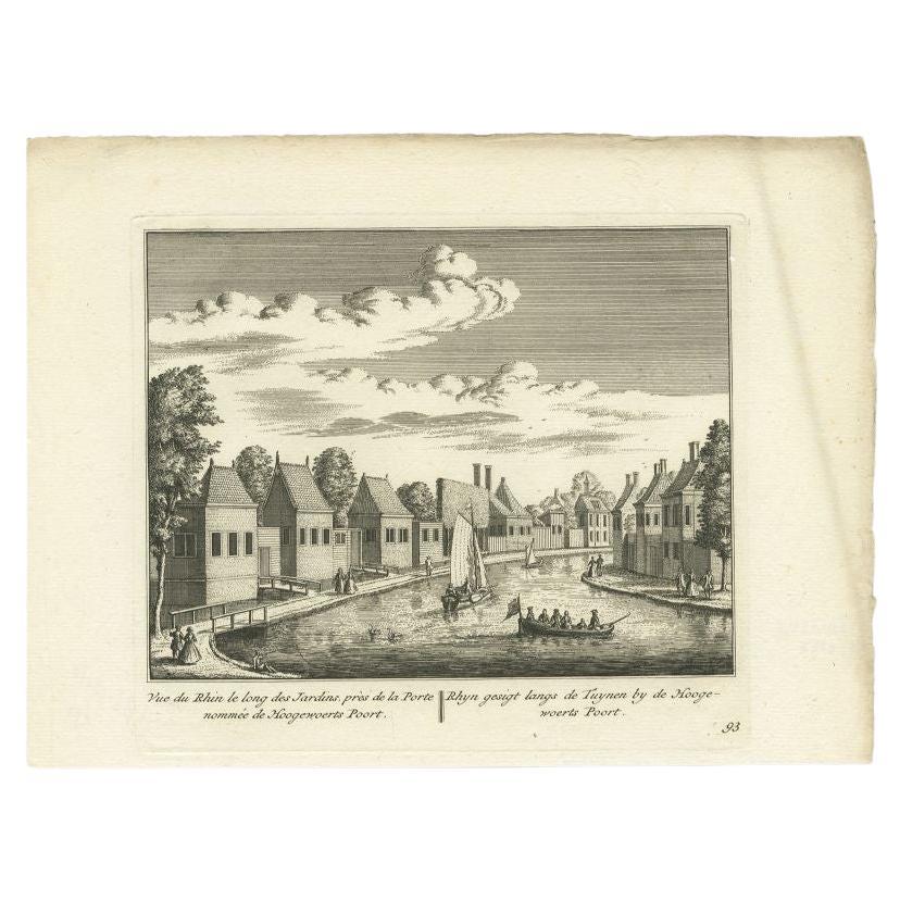Antique print titled 'Rhyn gesigt langs de Tuynen by de Hoogewoerts Poort'. Old print depicting with a view on the Rhine river, the Netherlands. This print most likely originates from an edition of 'Hollandsche Arkadia'. 

Artists and Engravers: