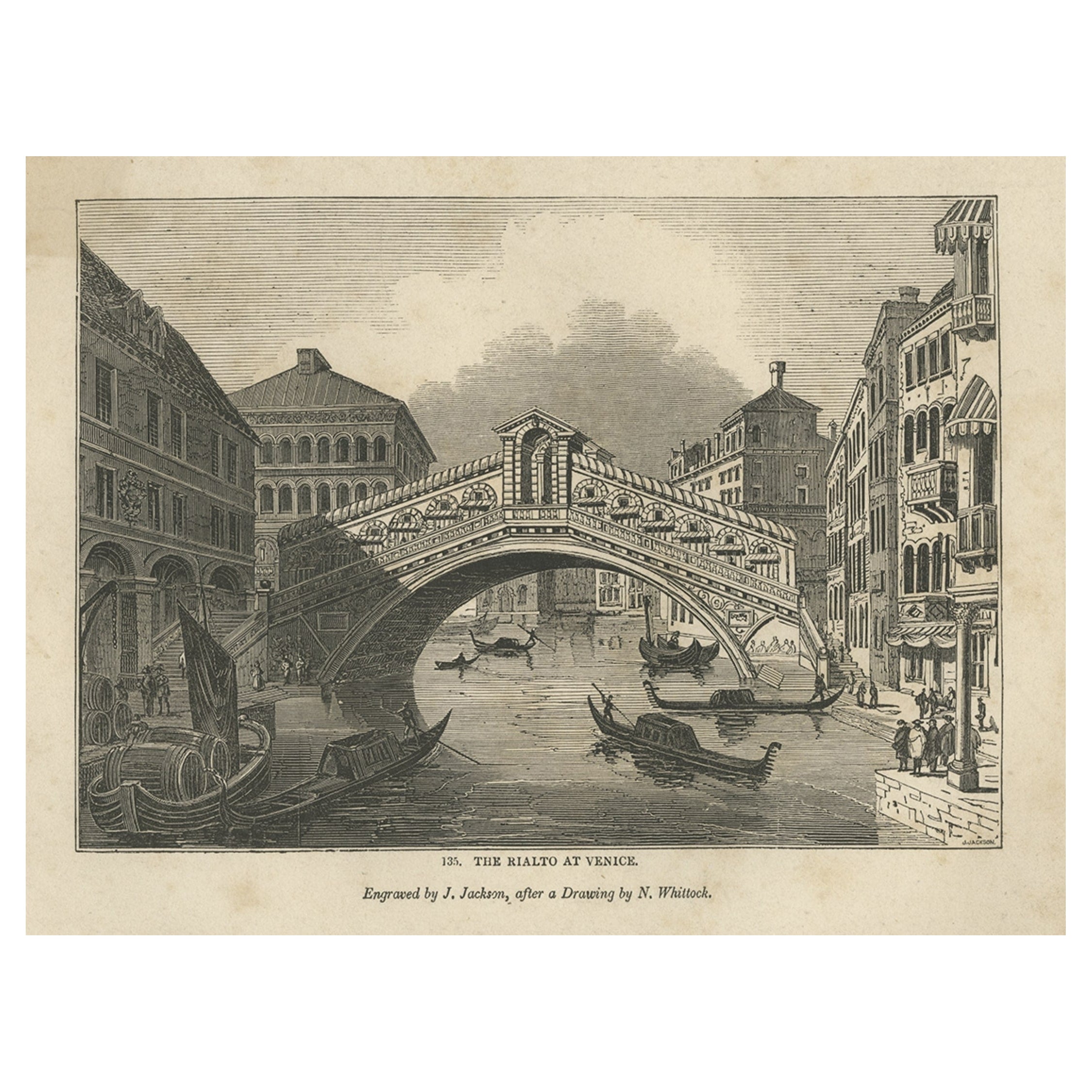 Stampa antica del Ponte di Rialto a Venezia, Italia, 1835