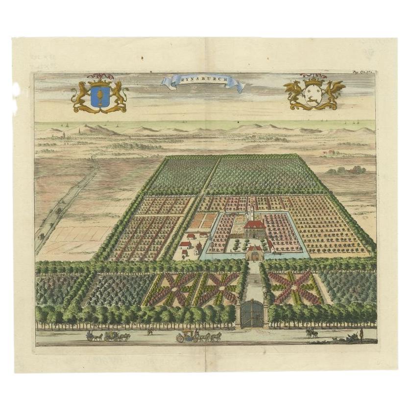 Antique print titled 'Rynsburch'. Copper engraving of the estate of Rijnsburg, the Netherlands. This print originates from 'Nieuwe Cronyk van Zeeland' by Mattheus Smallegange. 

Artists and Engravers: Published by J. Meertens and A. van Someren.