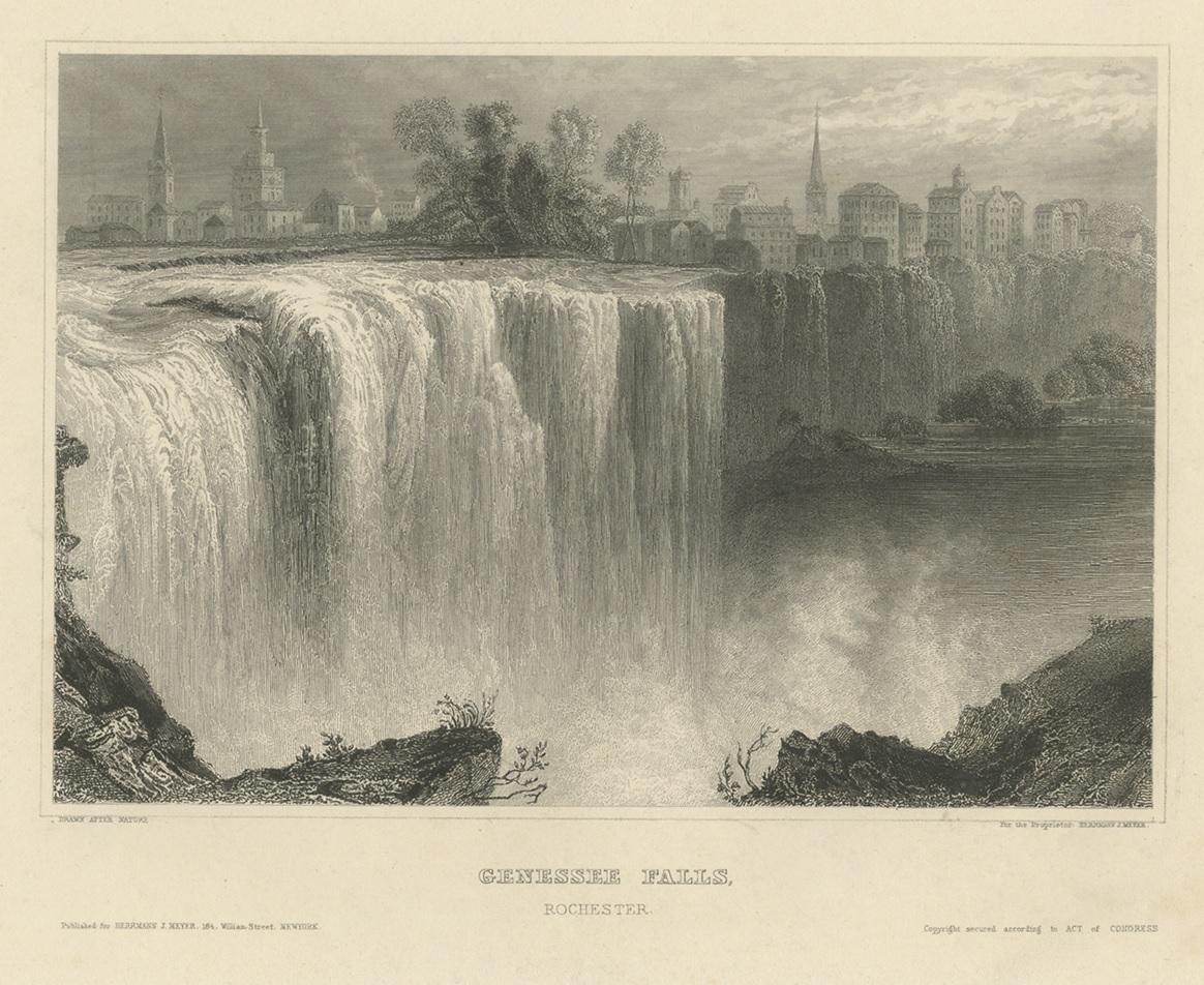 Antique print titled 'Genessee Falls Rochester'. View of the Rochester High Falls, one of three voluminous waterfalls on the Genesee River. Published for Herrmann J. Meyer, circa 1850.